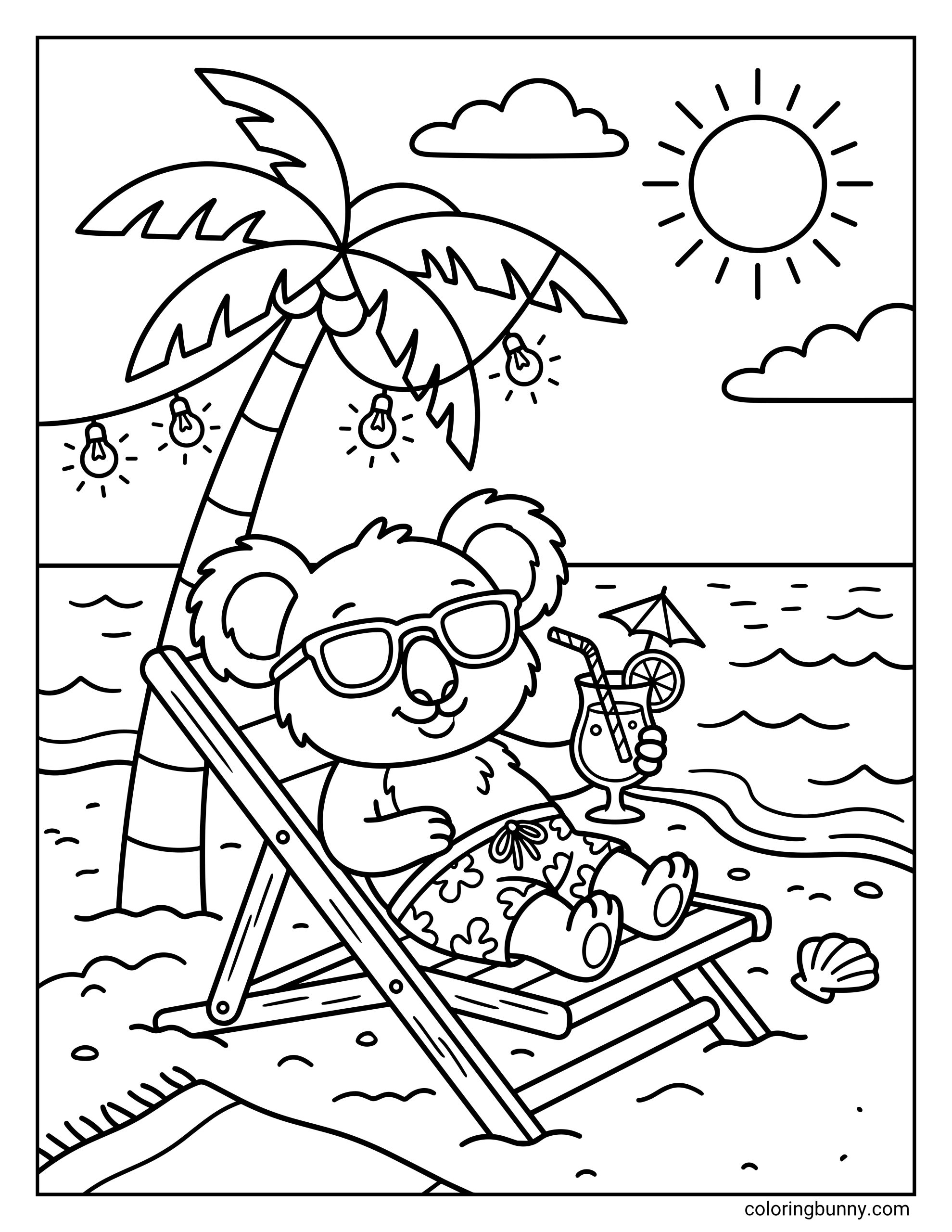 Cute summer coloring page featuring a koala wearing sunglasses in a beach chair, holding a tropical drink under a palm tree.