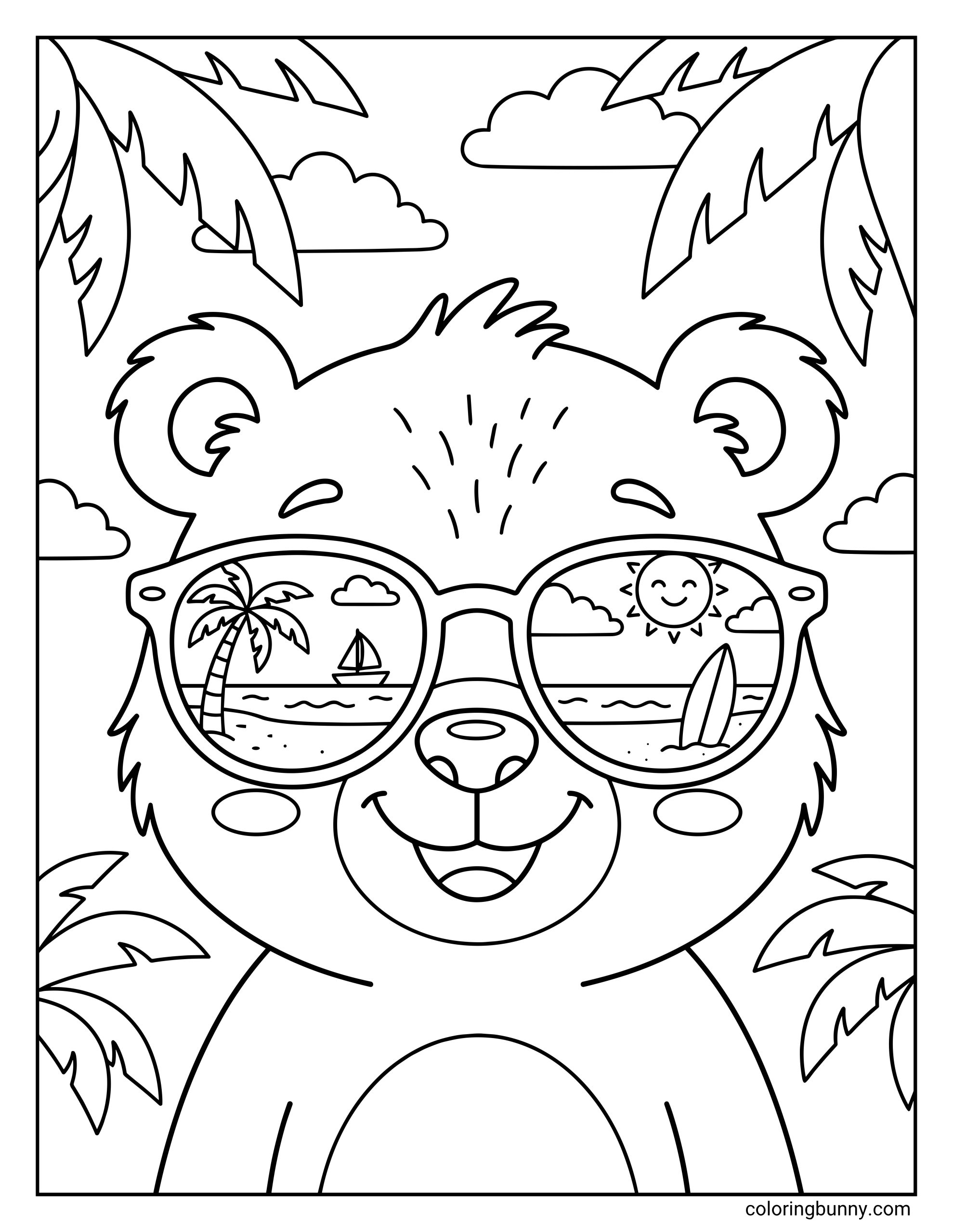A cute summer coloring page showing a koala in oversized sunglasses, with each lens reflecting a tropical beach scene including palm trees, ocean waves, a sun, a sailboat, and a surfboard.