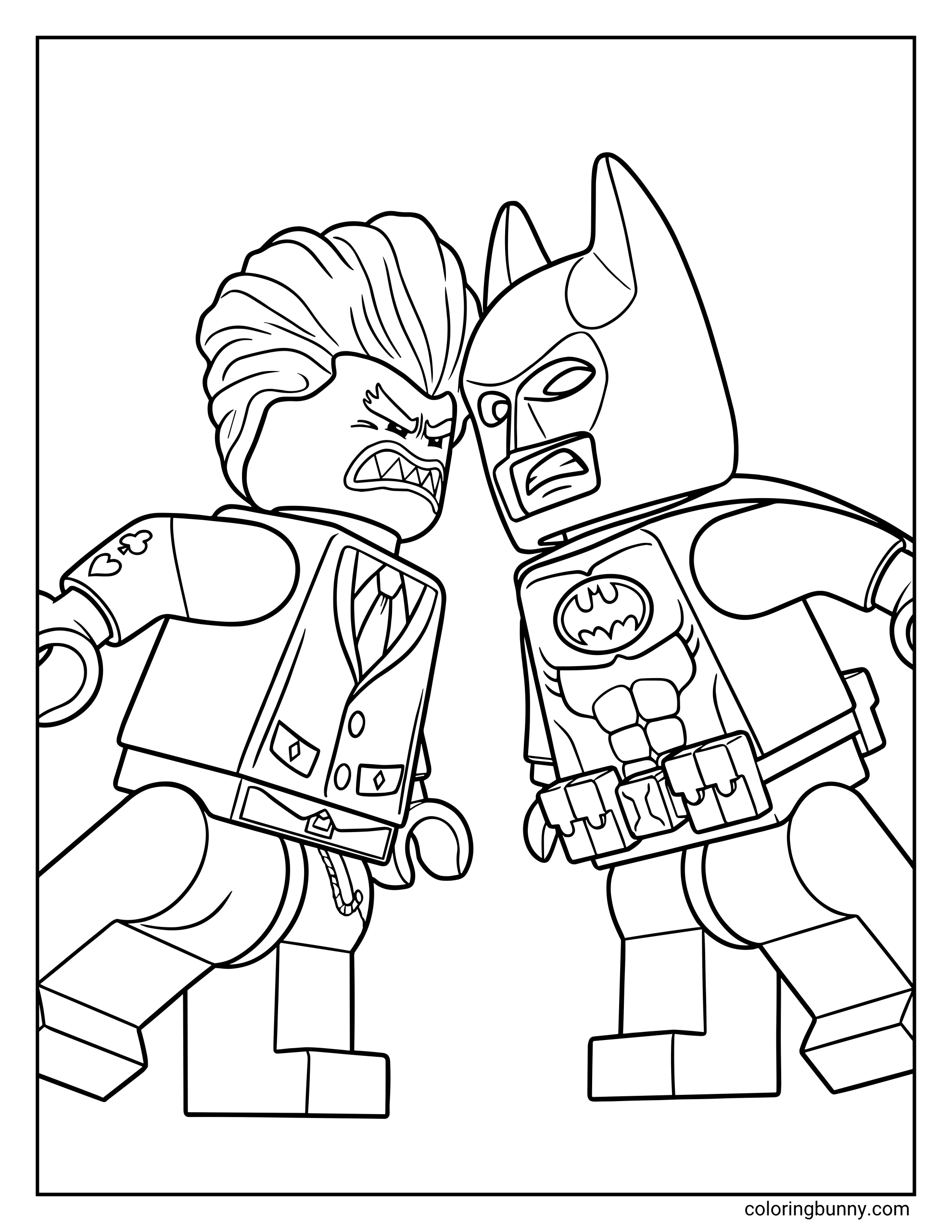 A LEGO Batman Vs Joker minifigures coloring page showing the Dark Knight and the Clown Prince of Crime in a tense, face-to-face. Both characters are detailed with their iconic gear, including Batmanβs utility belt and cowl and Jokerβs wild hair and suit.