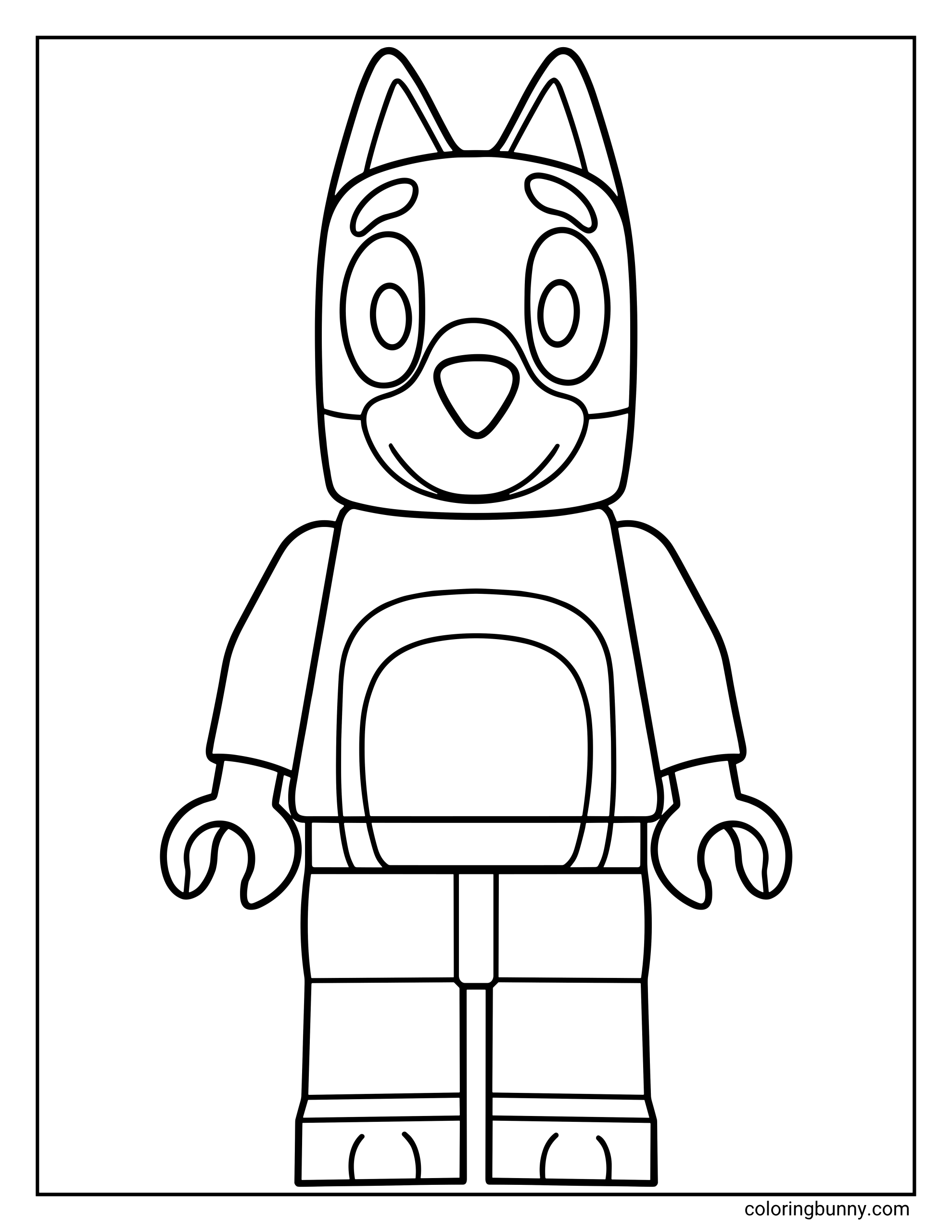 A LEGO Bluey coloring page featuring Blue Heeler. The character is shown in a standing pose with her recognizable pointed ears and friendly expression adapted into a blocky LEGO style.