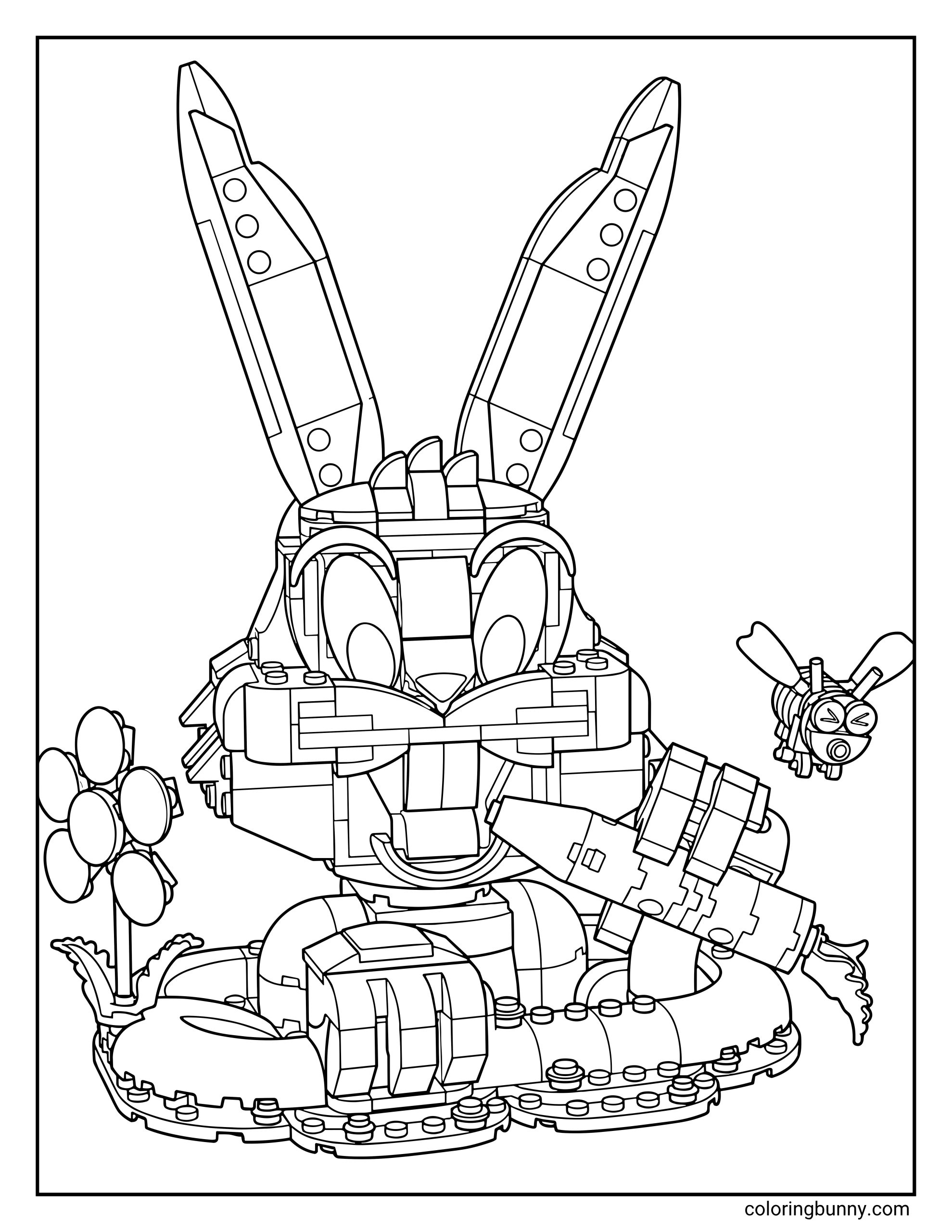 A LEGO Bugs Bunny coloring page featuring the iconic Looney Tunes character holding a carrot. The detailed model includes his long ears, whiskers, and a small buildable bee flying nearby.
