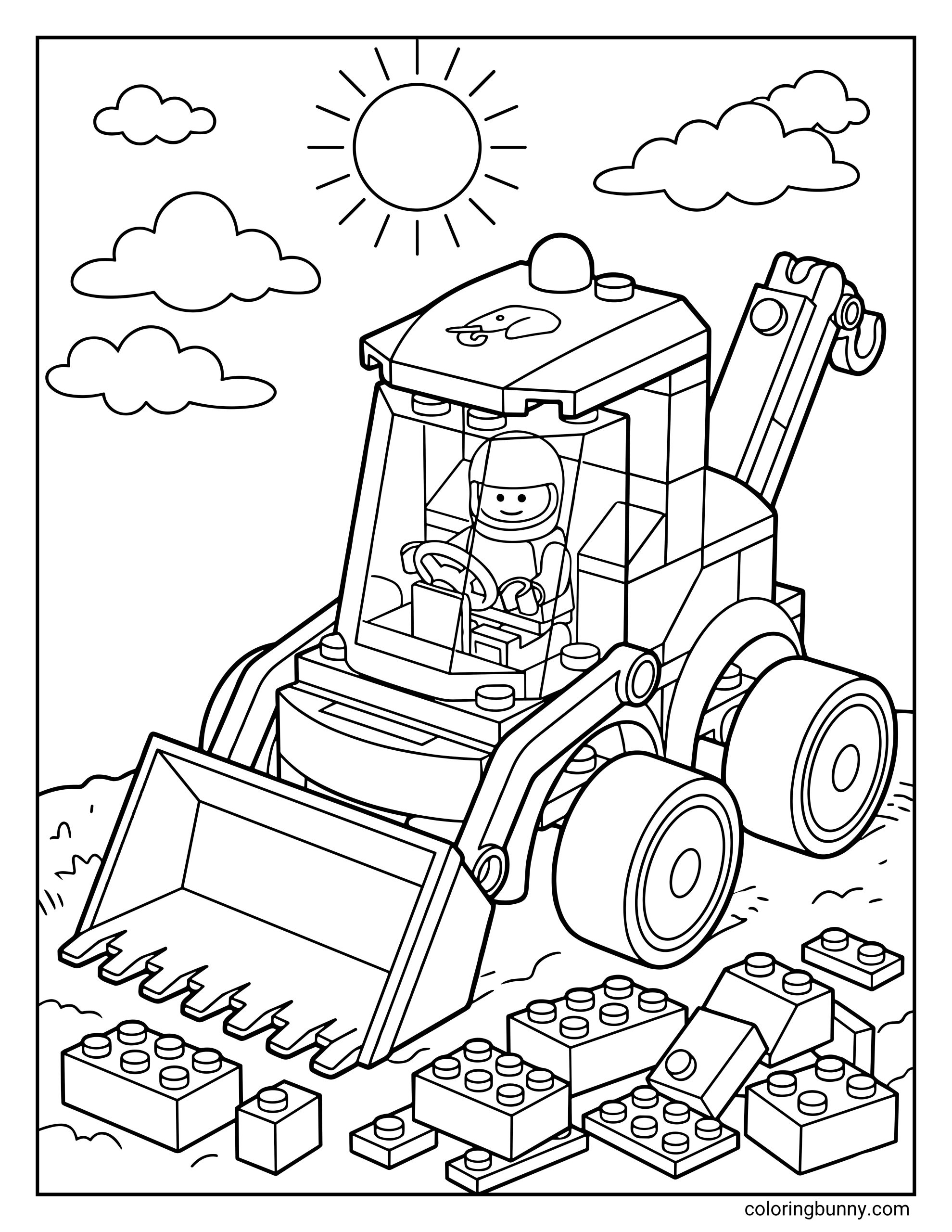 A LEGO City Construction Loader coloring page featuring a minifigure driver operating a heavy-duty loader under a bright sun. The scene includes a large front bucket and a backhoe arm, with several loose LEGO bricks scattered on the ground.