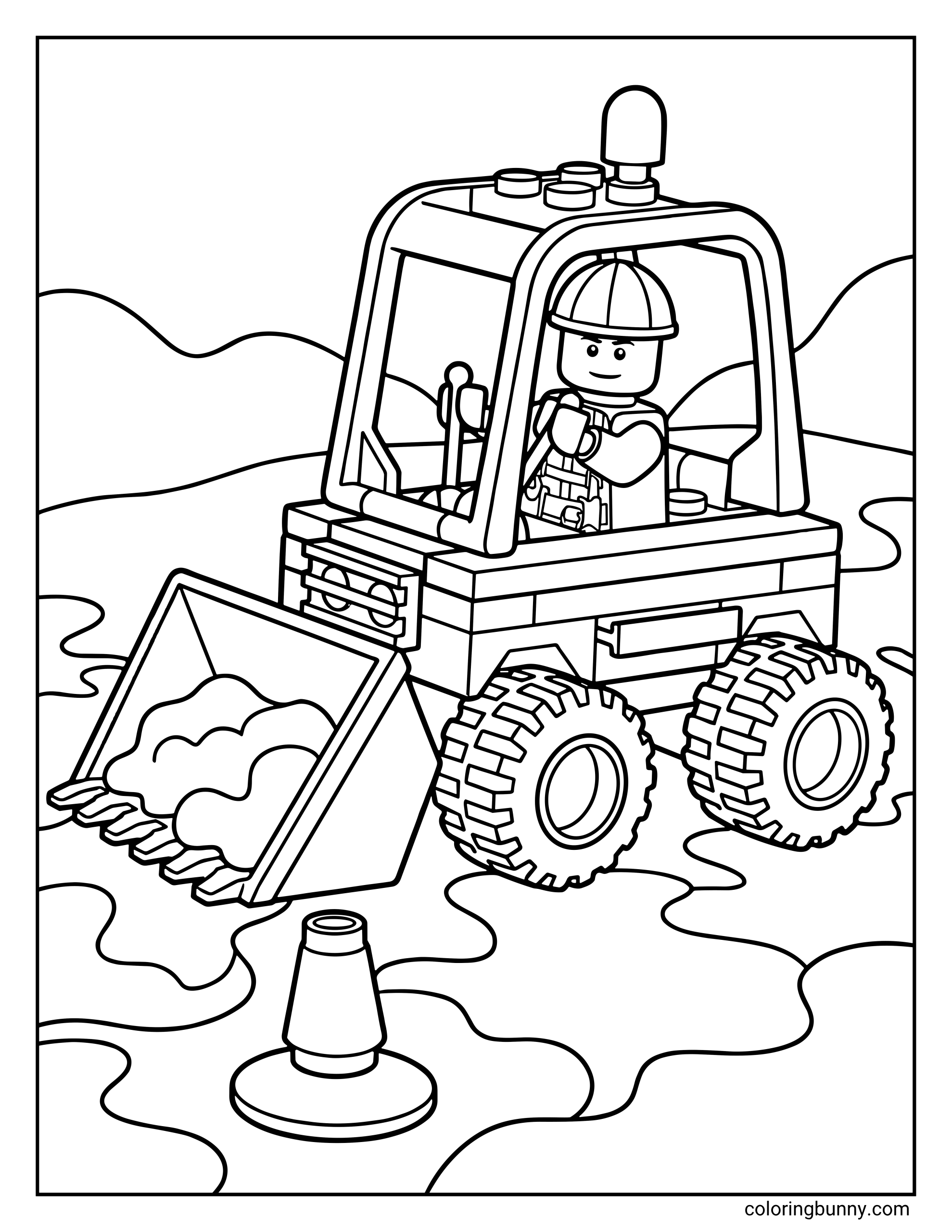 A LEGO City coloring page featuring a construction worker operating a front loader vehicle on a busy work site. The scene includes a large scooping bucket filled with dirt, chunky off-road tires, and a safety cone in the foreground to mark the construction zone.