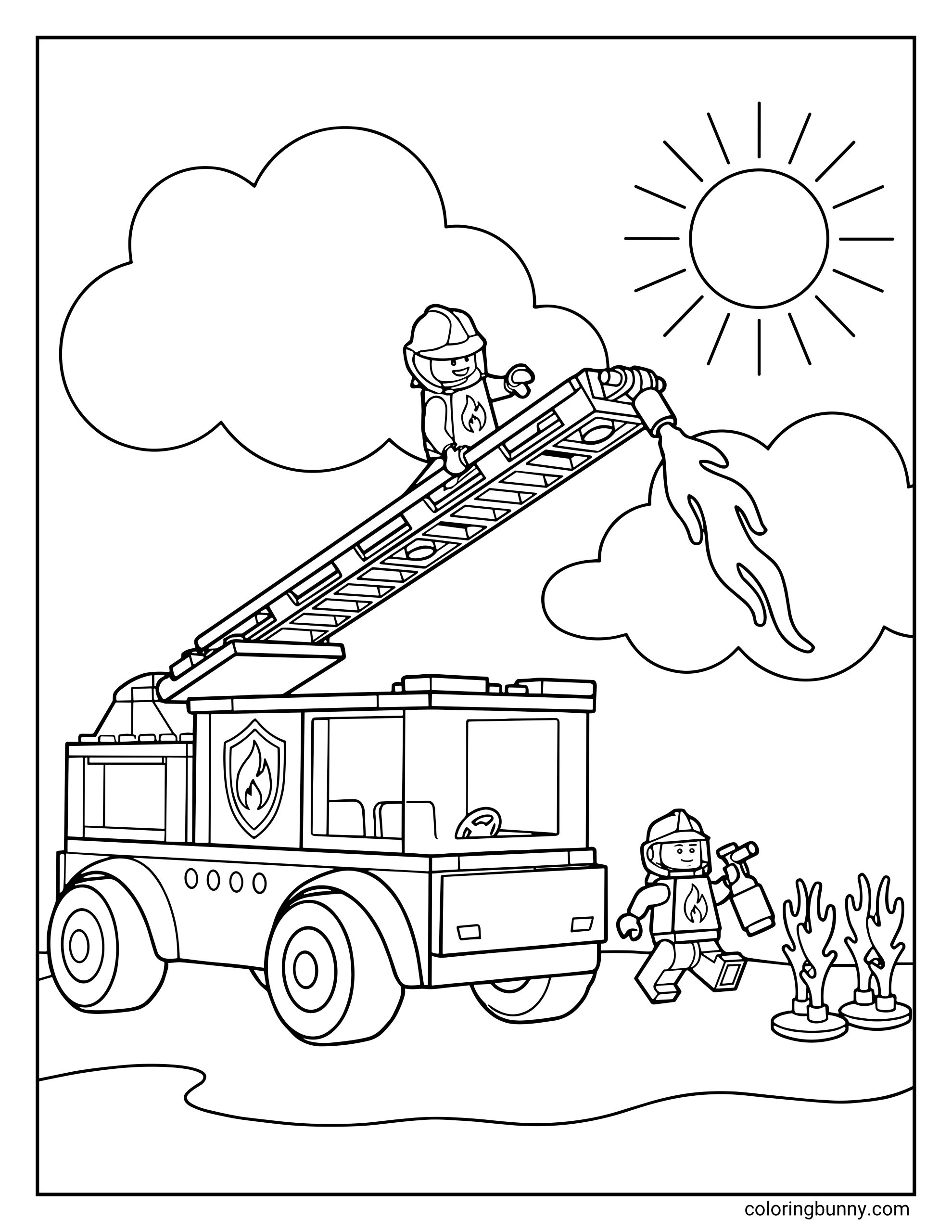 A LEGO City Fire Truck coloring page featuring two brave firefighters working together to put out a fire. One minifigure is perched on a long extendable ladder spraying water, while the other approaches the flames with a handheld extinguisher.