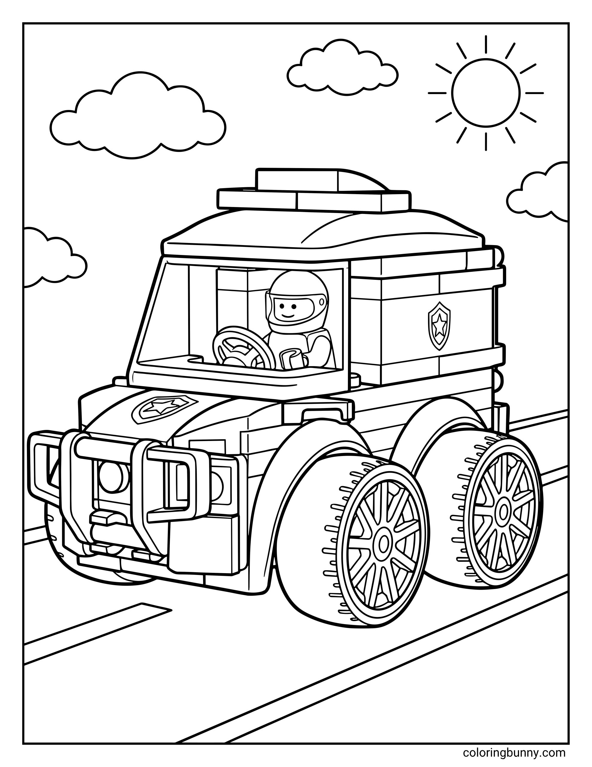 A LEGO City Rides Police Truck coloring page featuring a helmeted minifigure officer driving a heavy-duty patrol vehicle with oversized tires. The truck is cruising down a road under a sunny sky filled with fluffy clouds.