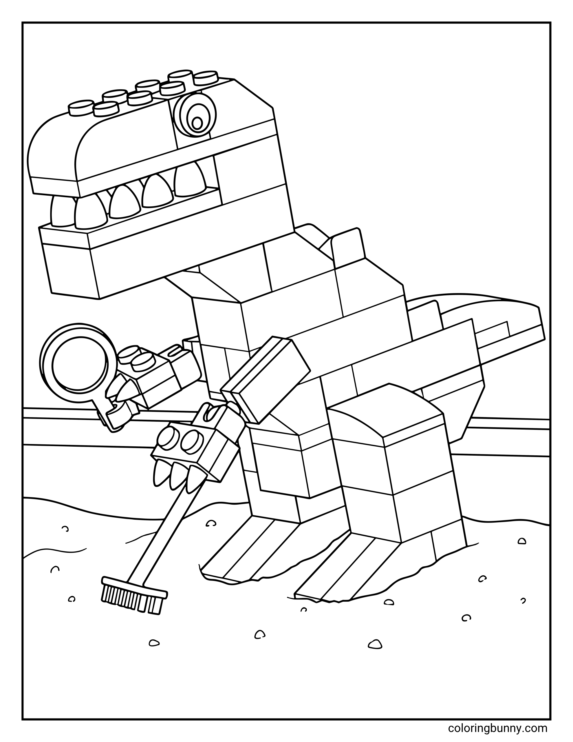 A LEGO dinosaur coloring page featuring a blocky, brick-built T-Rex acting as an archaeologist in a sandy pit. The dinosaur is holding a magnifying glass and a brush, carefully dusting away sand to uncover hidden prehistoric treasures.