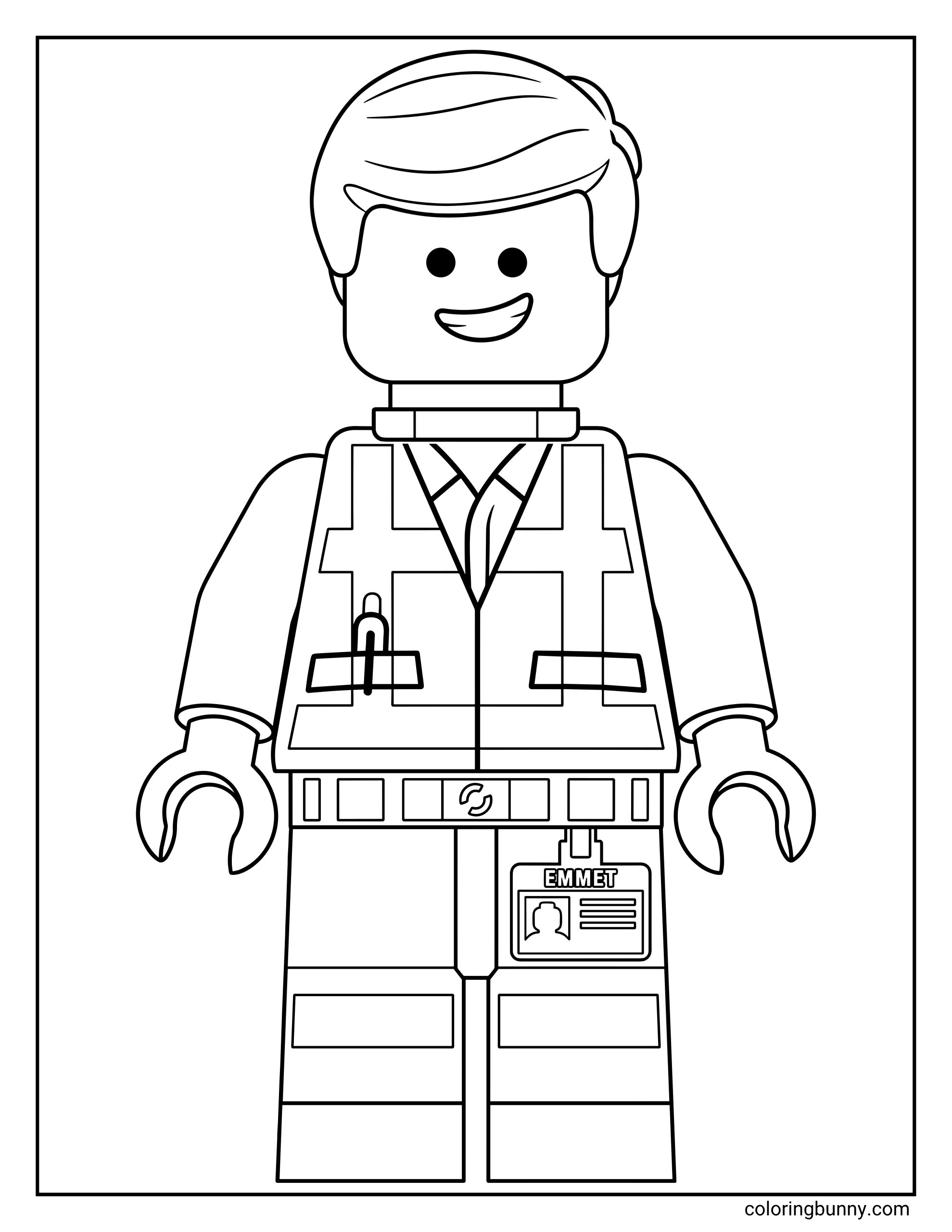A LEGO Emmet Brickowski coloring page showing the cheerful construction worker in his signature high-visibility safety vest and work uniform. The page includes fine details like his "Emmet" name tag and the ID badge clipped to his leg.