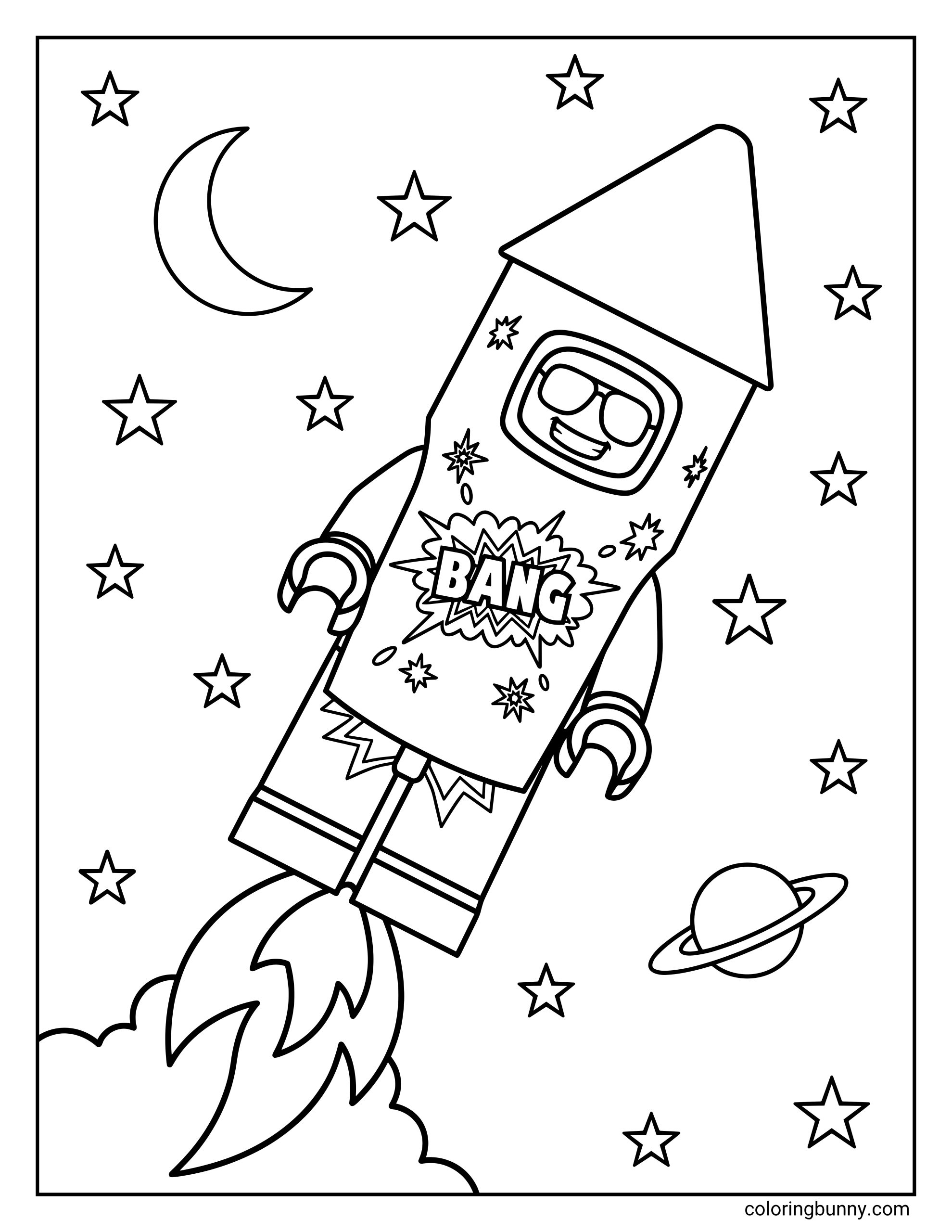 A LEGO Firework Guy CMF coloring page featuring the collectible minifigure in his rocket-shaped costume. He is soaring through outer space with flames shooting from the bottom of his suit, surrounded by stars, a crescent moon, and a ringed planet. His costume features a bold "BANG!" graphic on the front.
