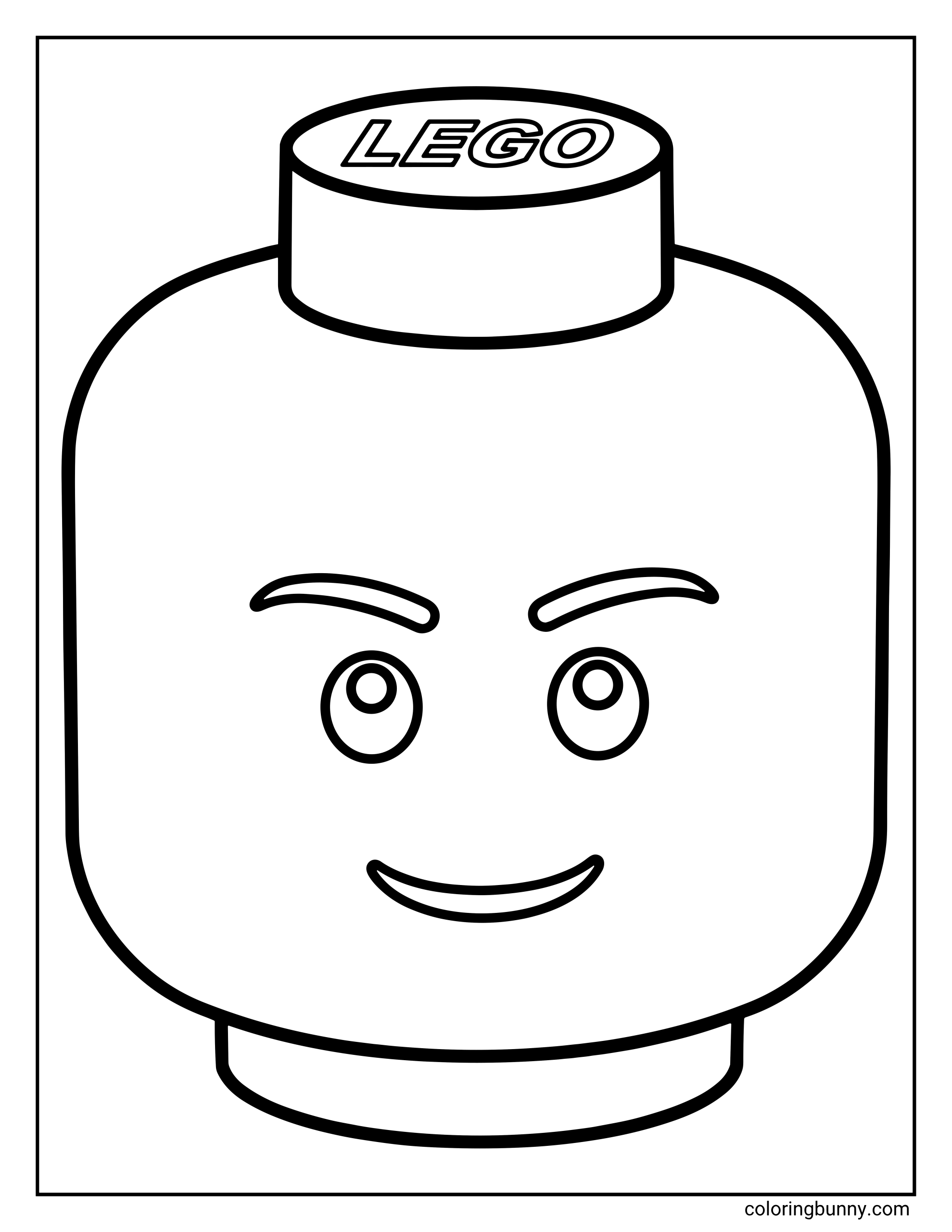 A LEGO Minifigure head coloring page featuring a classic face with a friendly smile and curious eyes looking upward. The head includes the iconic cylindrical "stud" on top with the LEGO logo clearly embossed in the center.