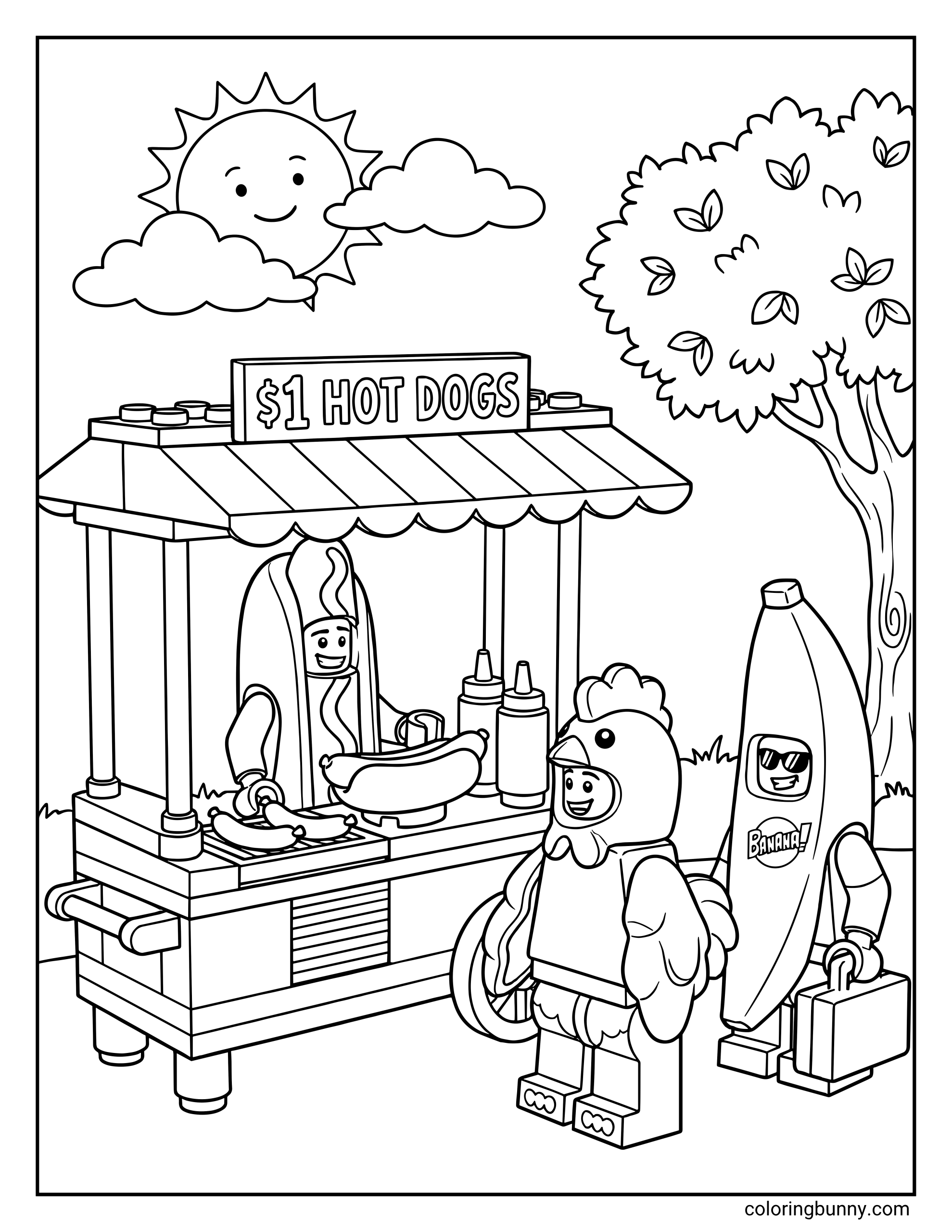 A LEGO Hot Dog Man Stand coloring page featuring a cheerful outdoor scene. A minifigure in a hot dog suit is serving up $1 hot dogs from his brick-built stand, complete with mustard and ketchup bottles. Waiting in line are two other costumed characters: one in a chicken suit and the cool Banana Guy with sunglasses and a briefcase, all under a smiling sun.