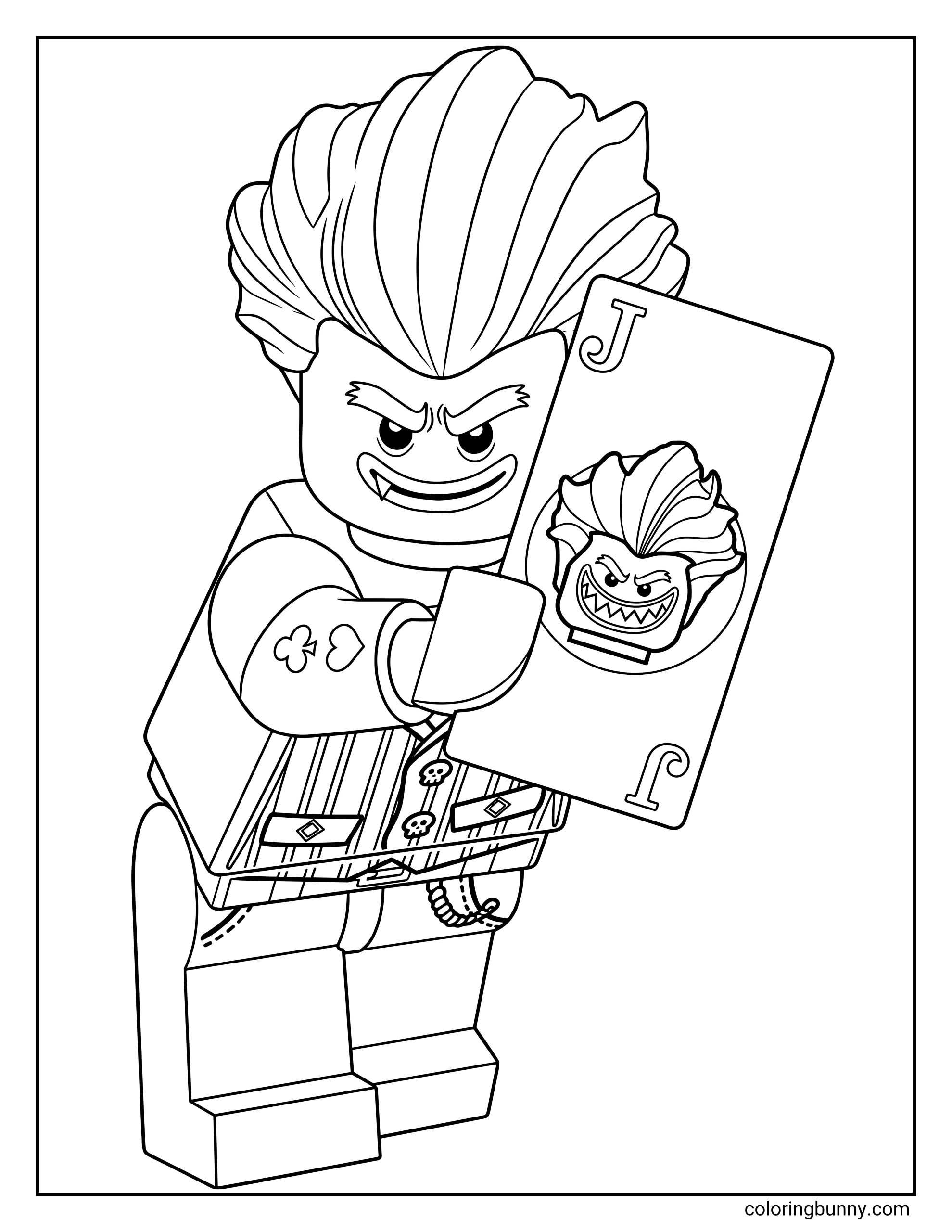 A LEGO Joker Minifigure coloring page featuring the Clown Prince of Crime holding up a giant Joker playing card. The character is shown with his wild, swept-back hair and a mischievous grin, wearing his pinstriped vest and suit.
