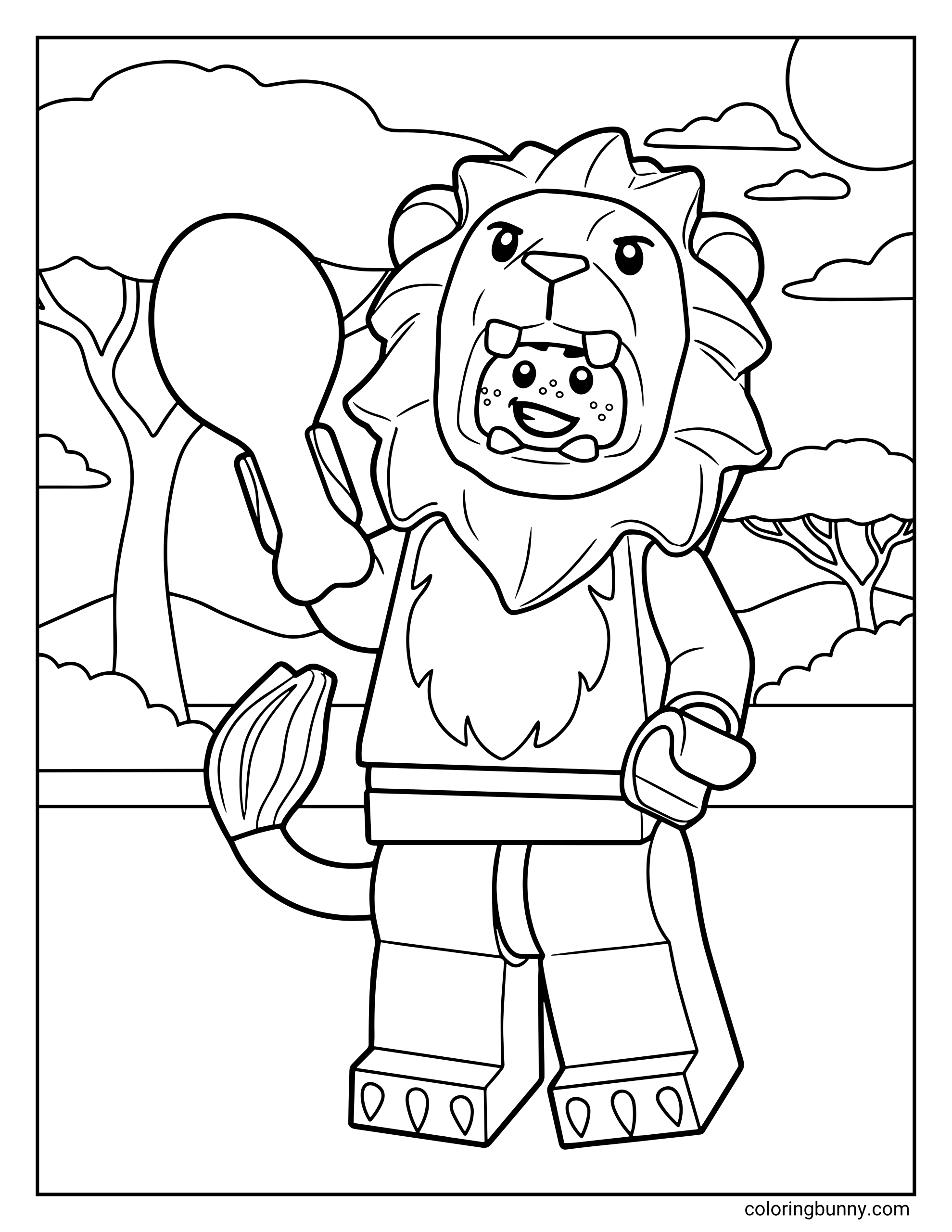 A LEGO Lion CMF coloring page featuring a freckled minifigure in a lion costume, complete with a large mane and a tail. The character is standing in a savanna setting, holding a large chicken drumstick. The background shows acacia trees, rolling hills, and a bright sun in a cloudy sky.