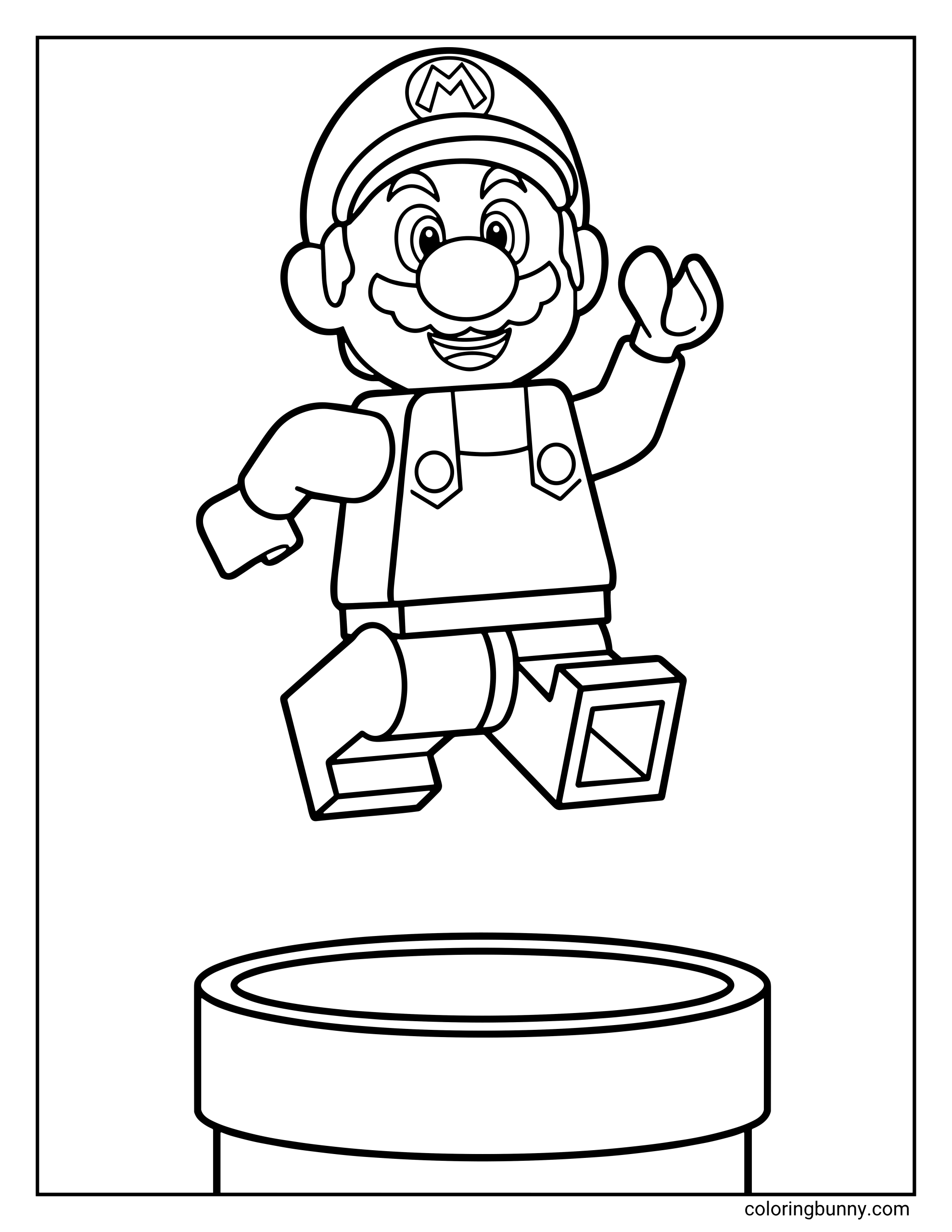 A LEGO Super Mario coloring page depicting the blocky hero jumping mid-air above a classic Warp Pipe. The page captures Marioβs iconic "M" cap and overalls in a brick-built style.