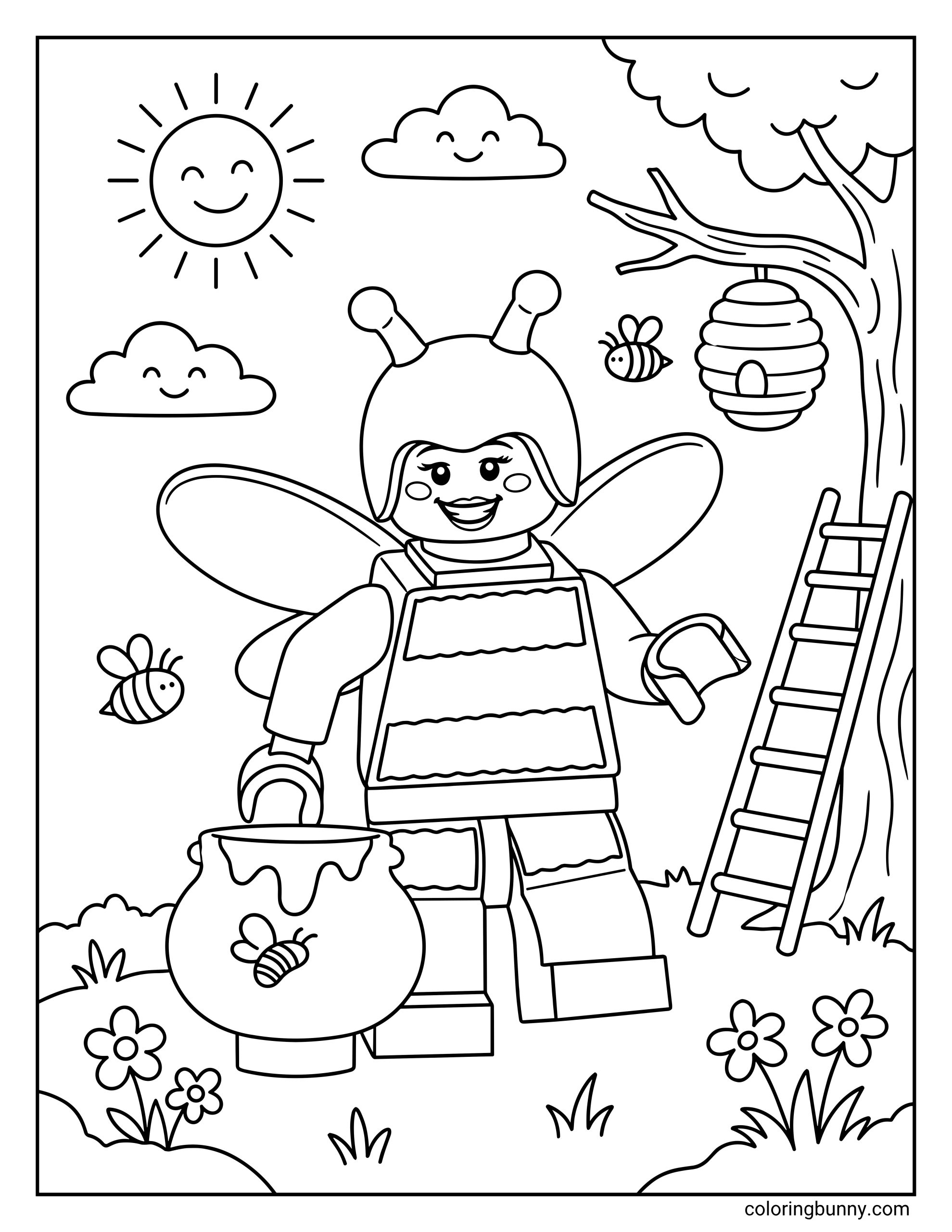 A LEGO Bumblebee Girl CMF coloring page featuring a minifigure in a striped bee costume with wings and antennae. She is holding a large honey pot in a garden setting. The scene includes a beehive hanging from a tree, a ladder, small flying bees, flowers, and a smiling sun with clouds.