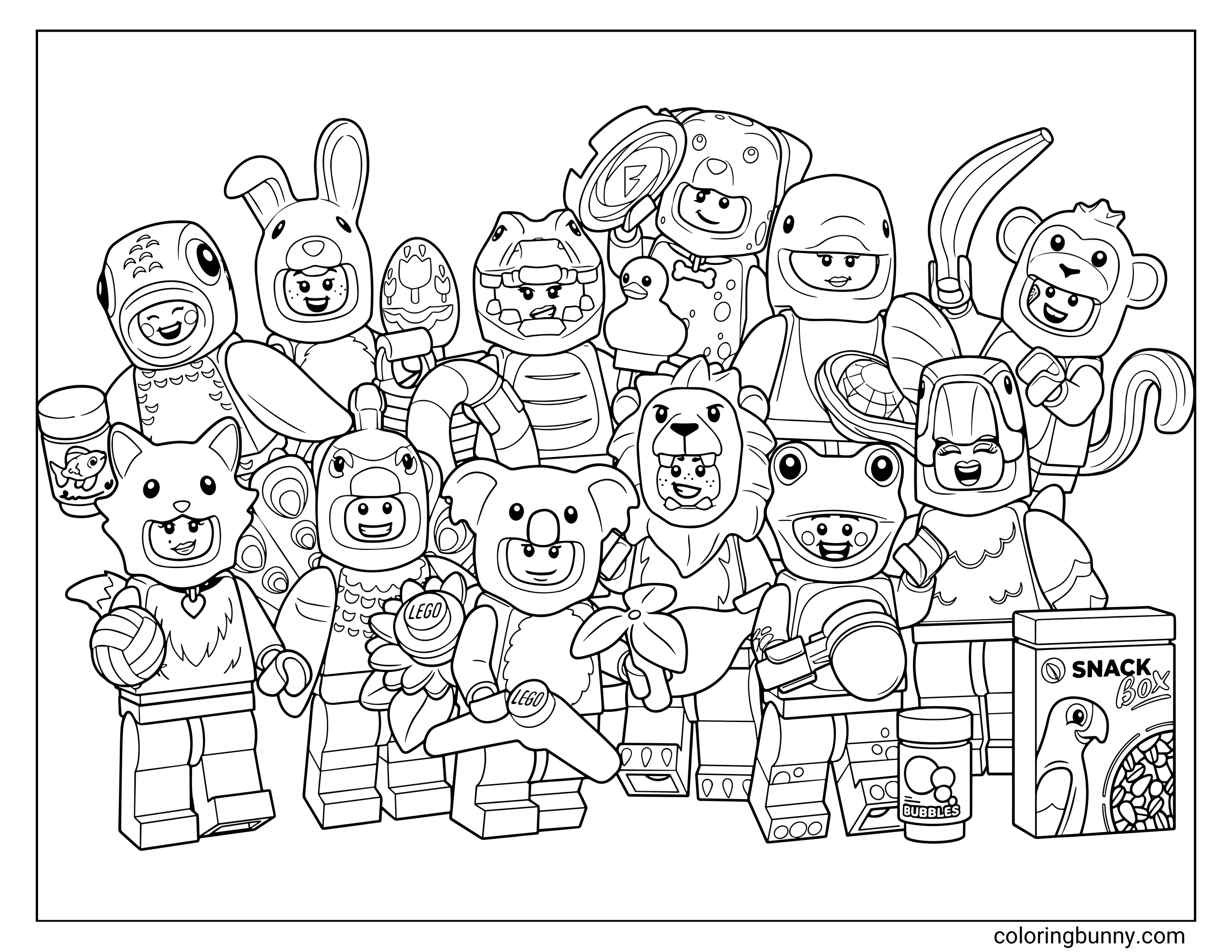 A LEGO Minifigure Series 28 coloring page featuring a large group of characters dressed in various animal and creature costumes. The crowded scene includes minifigures in fox, koala, lion, frog, bunny, and shark suits, many holding accessories like flowers, a boomerang, bubbles, and a "Snack Box."