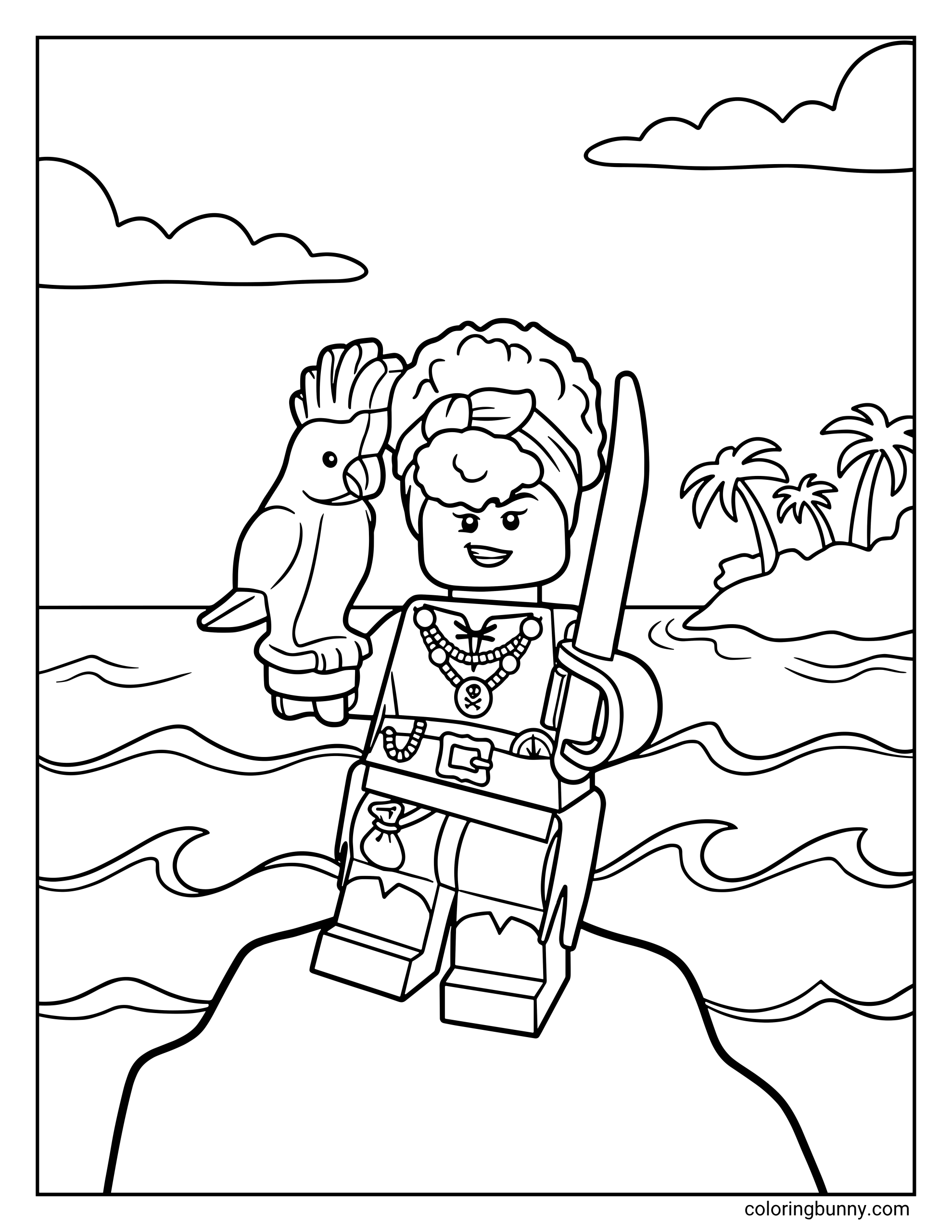A LEGO Pirate Quartermaster CMF coloring page featuring a fierce minifigure with a bandana standing on a rock. She holds a cutlass and a large tropical parrot, set against a backdrop of rolling ocean waves and a distant desert island with palm trees.