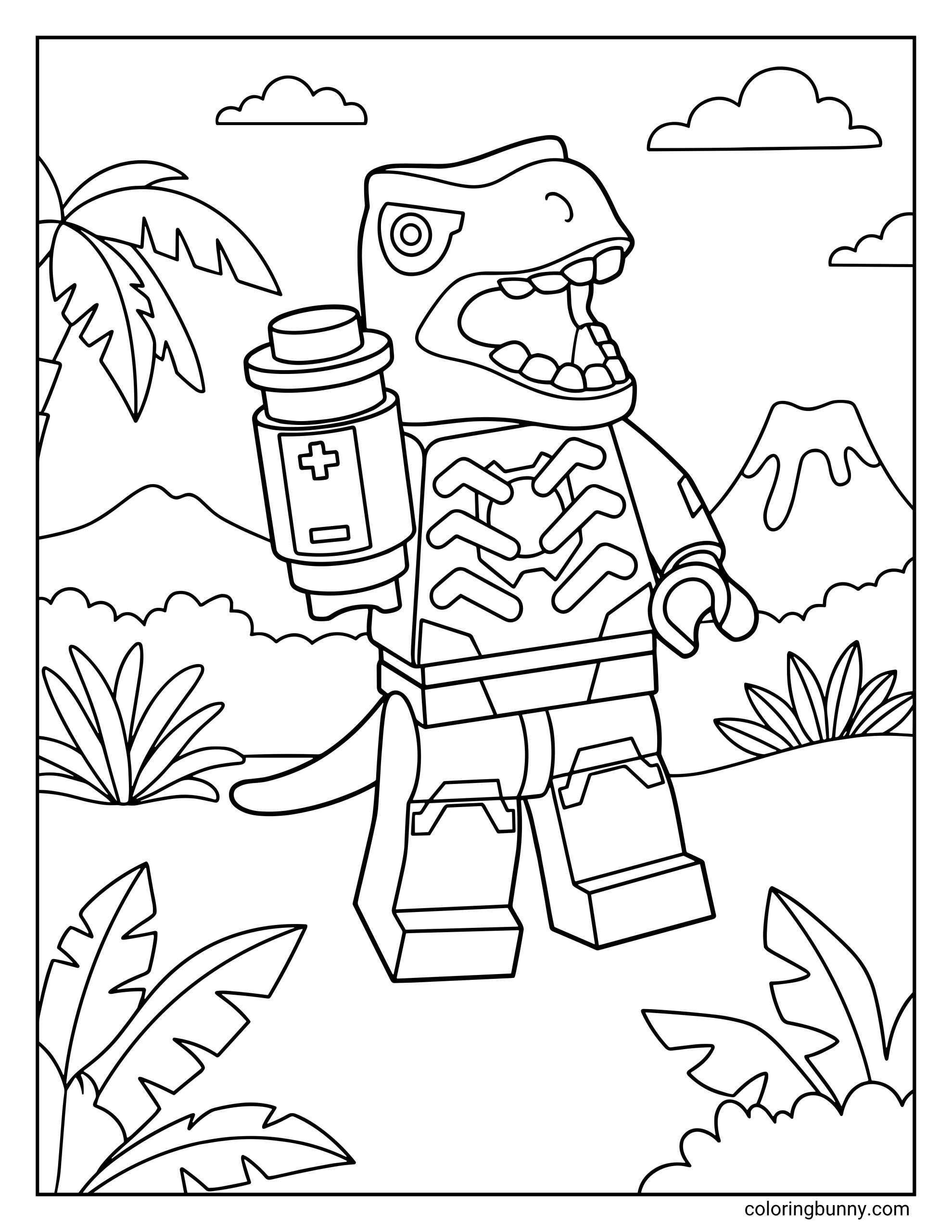A LEGO Robot T-Rex CMF coloring page featuring a minifigure in a high-tech dinosaur mech suit. The character has a mechanical T-Rex head with visible circuits and a robotic torso, and is holding a large energy battery or power cell. The prehistoric scene includes tropical ferns, palm trees, and a volcano under a cloudy sky.