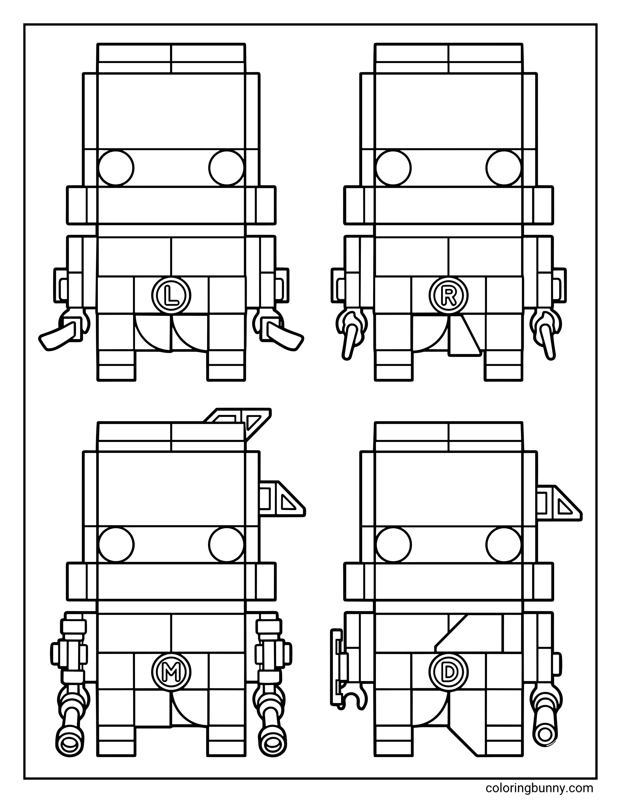 A LEGO Teenage Mutant Ninja Turtles BrickHeadz coloring page featuring Leonardo, Raphael, Michelangelo, and Donatello. Each turtle is depicted in the blocky, collectible BrickHeadz style, identified by the initials on their belt buckles.