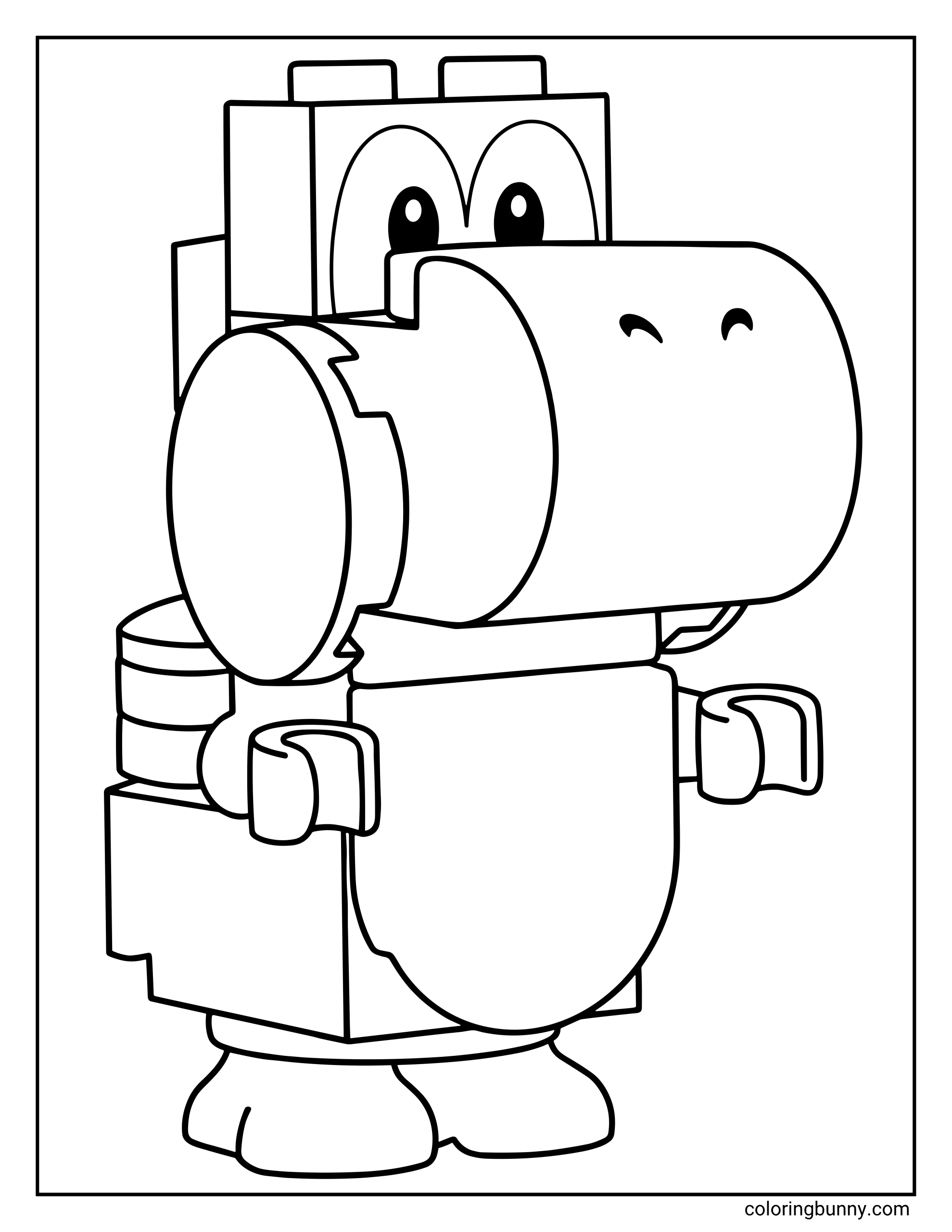 A LEGO Yoshi coloring page featuring a BrickHeadz-inspired version of the iconic dinosaur with his large rounded snout and expressive eyes.