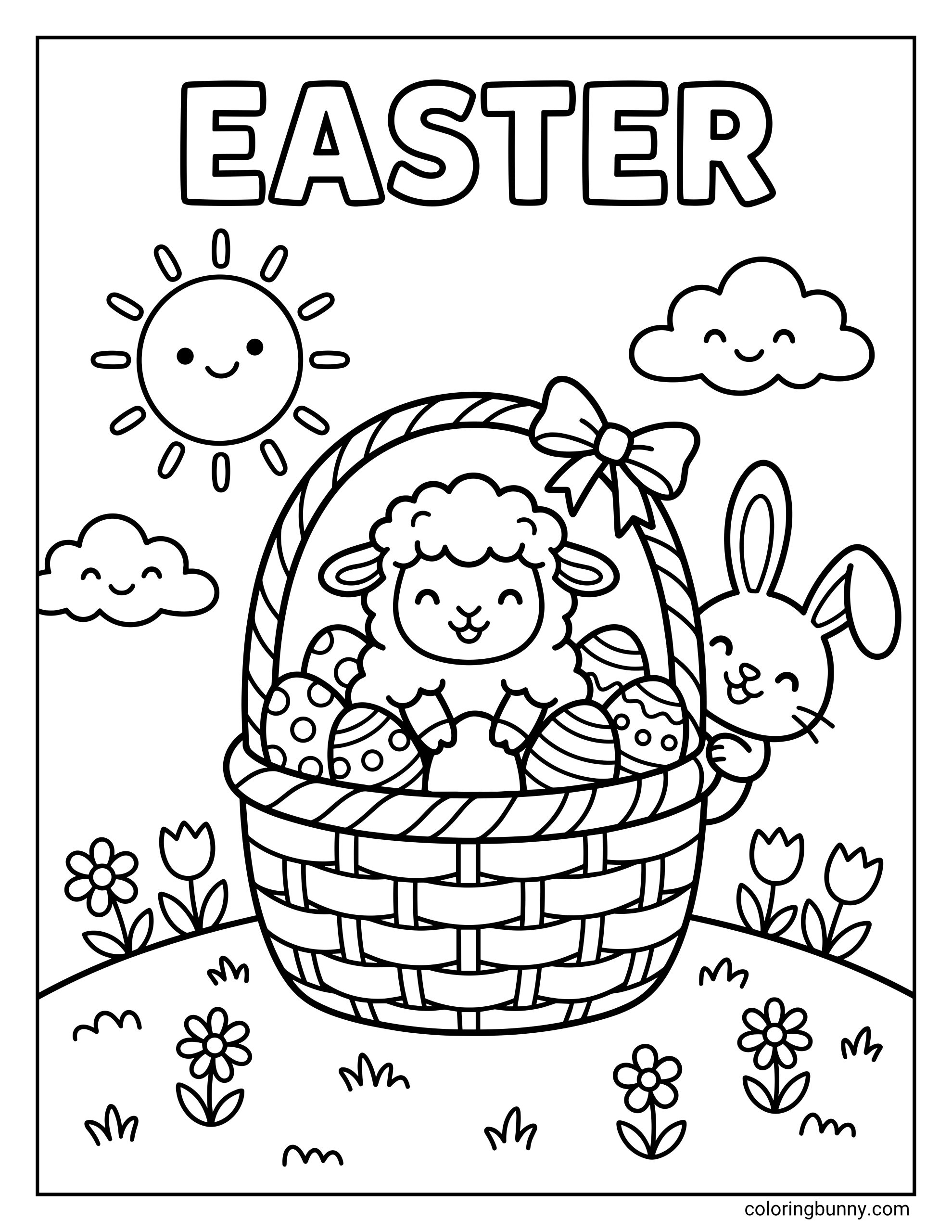 An Easter coloring page of a happy lamb sitting inside a woven basket filled with decorated eggs, while a smiling bunny peeks in from the side. Flowers, clouds, and a cheerful sun make the spring scene look bright, playful, and festive.