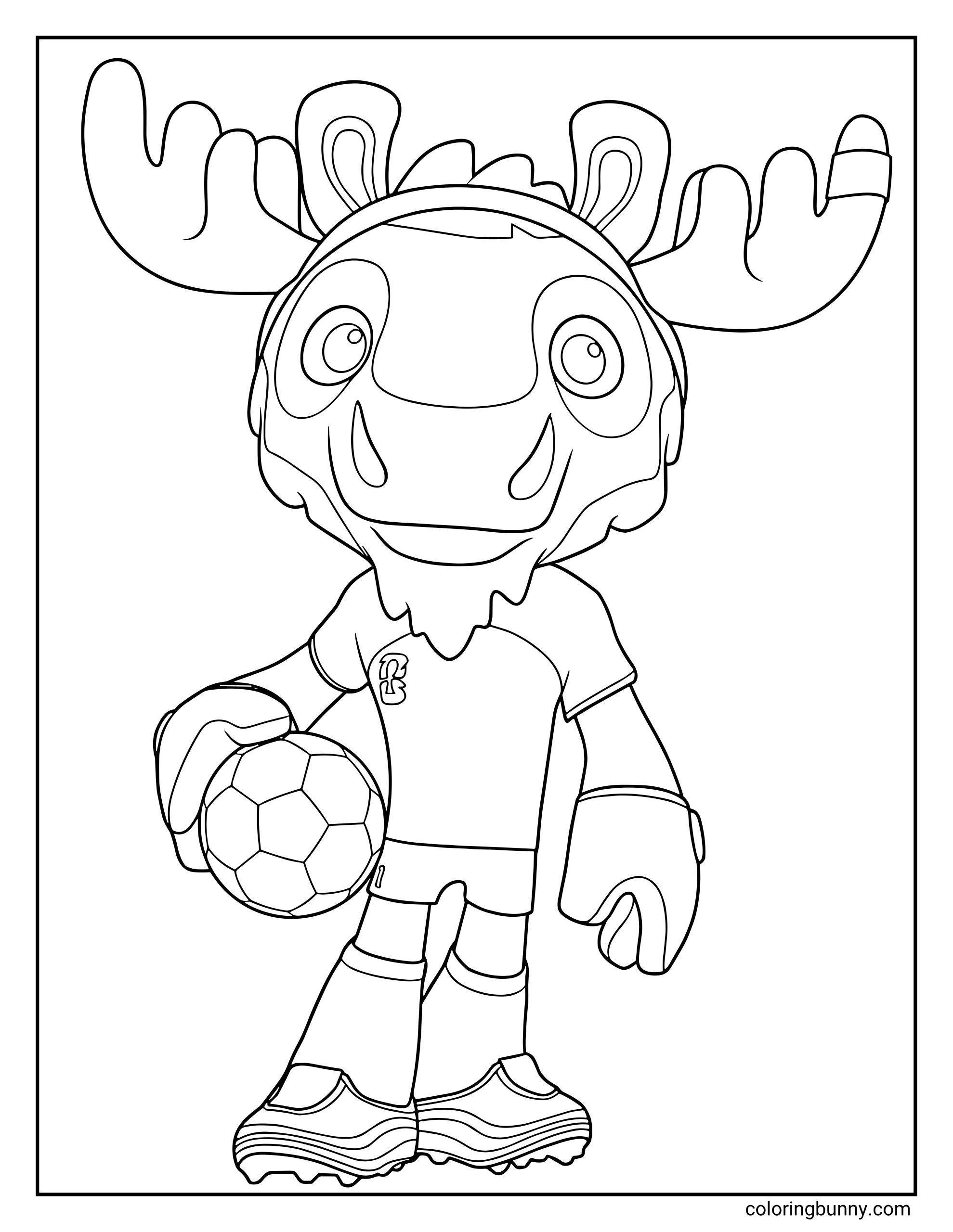 A World Cup 2026 coloring page featuring the official mascot Maple, a moose wearing a soccer goalkeeper kit and a headband. He is holding a soccer ball under one arm and wearing large goalkeeper gloves.