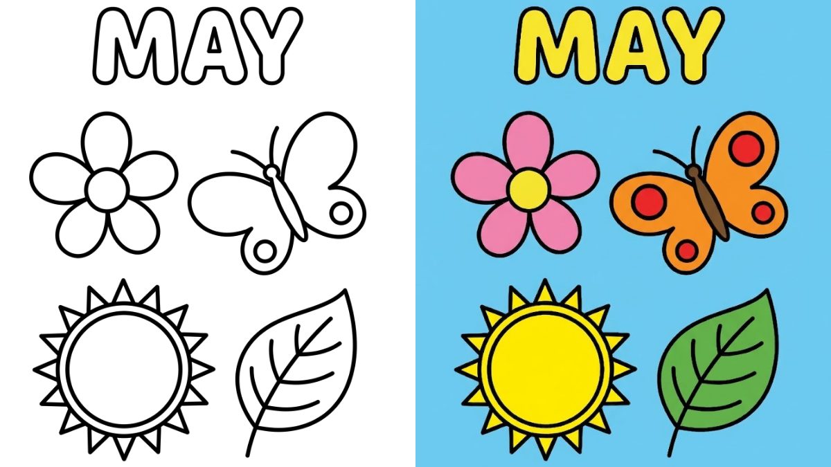 May Coloring Pages with a flower, butterfly, sun and leaf