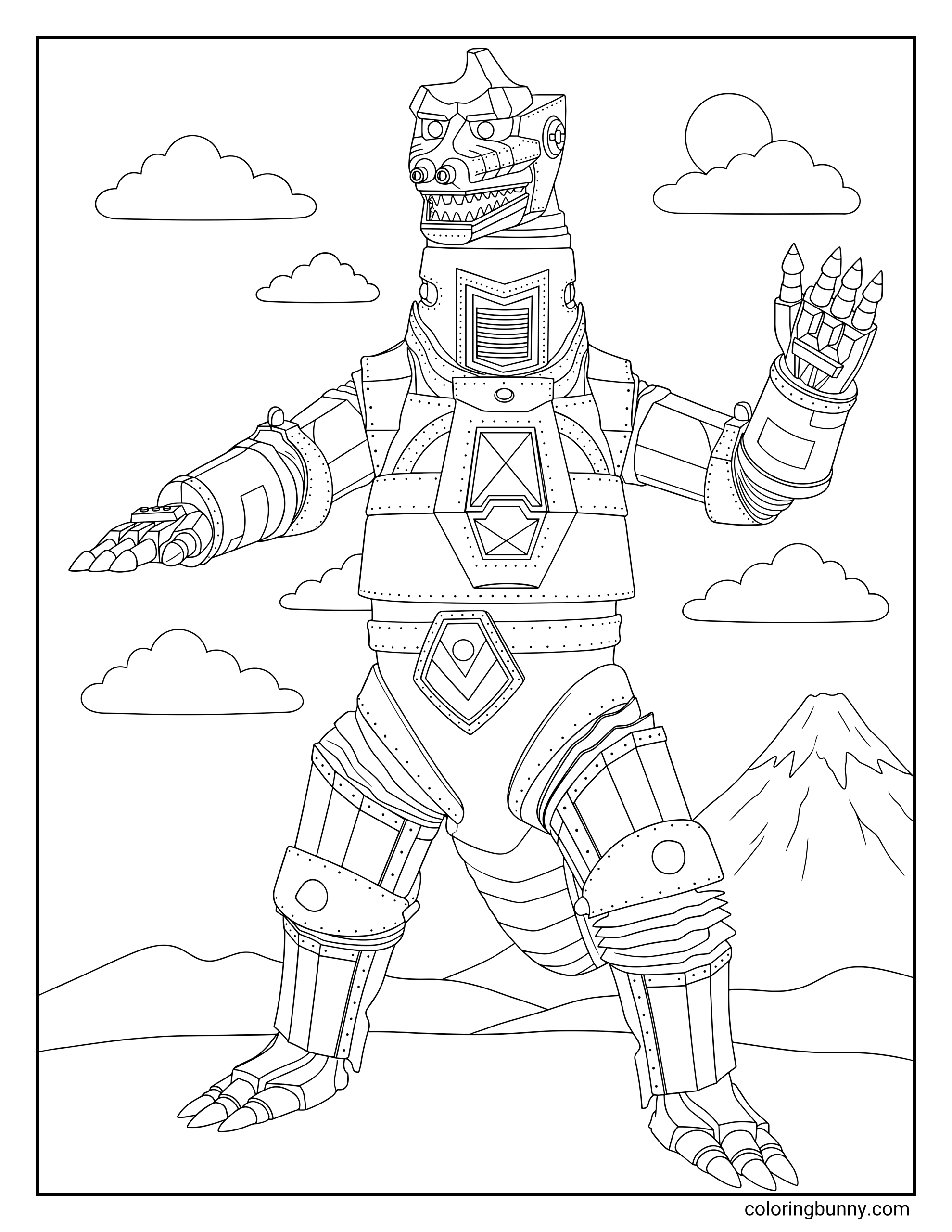 A coloring page featuring the robotic Mechagodzilla standing in a landscape with a mountain and clouds. This simple design of Godzilla shows the robot’s metallic plates, rivets, and mechanical joints.