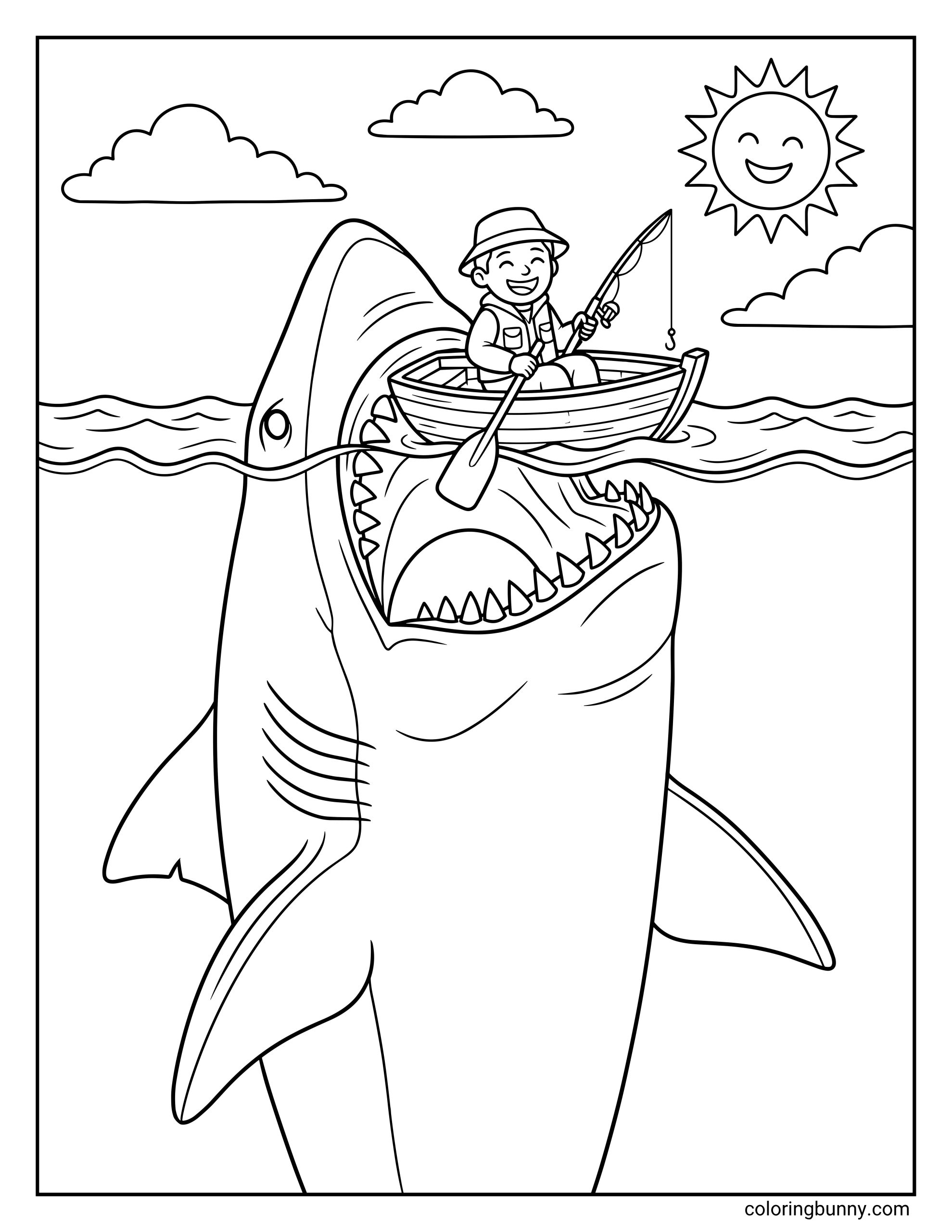 A megalodon shark attack coloring page depicting a giant shark leaping out of the ocean with a cheerful fisherman in a rowboat above. A happy sun and fluffy clouds fill the sky.