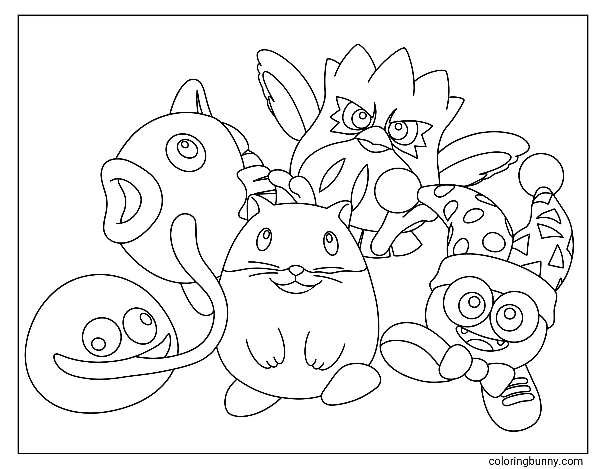 Simple Kirby Character Dream Land coloring page for kids featuring a close-up of Gooey sticking out his tongue next to Kine, Rick, Coo, and Marx.
