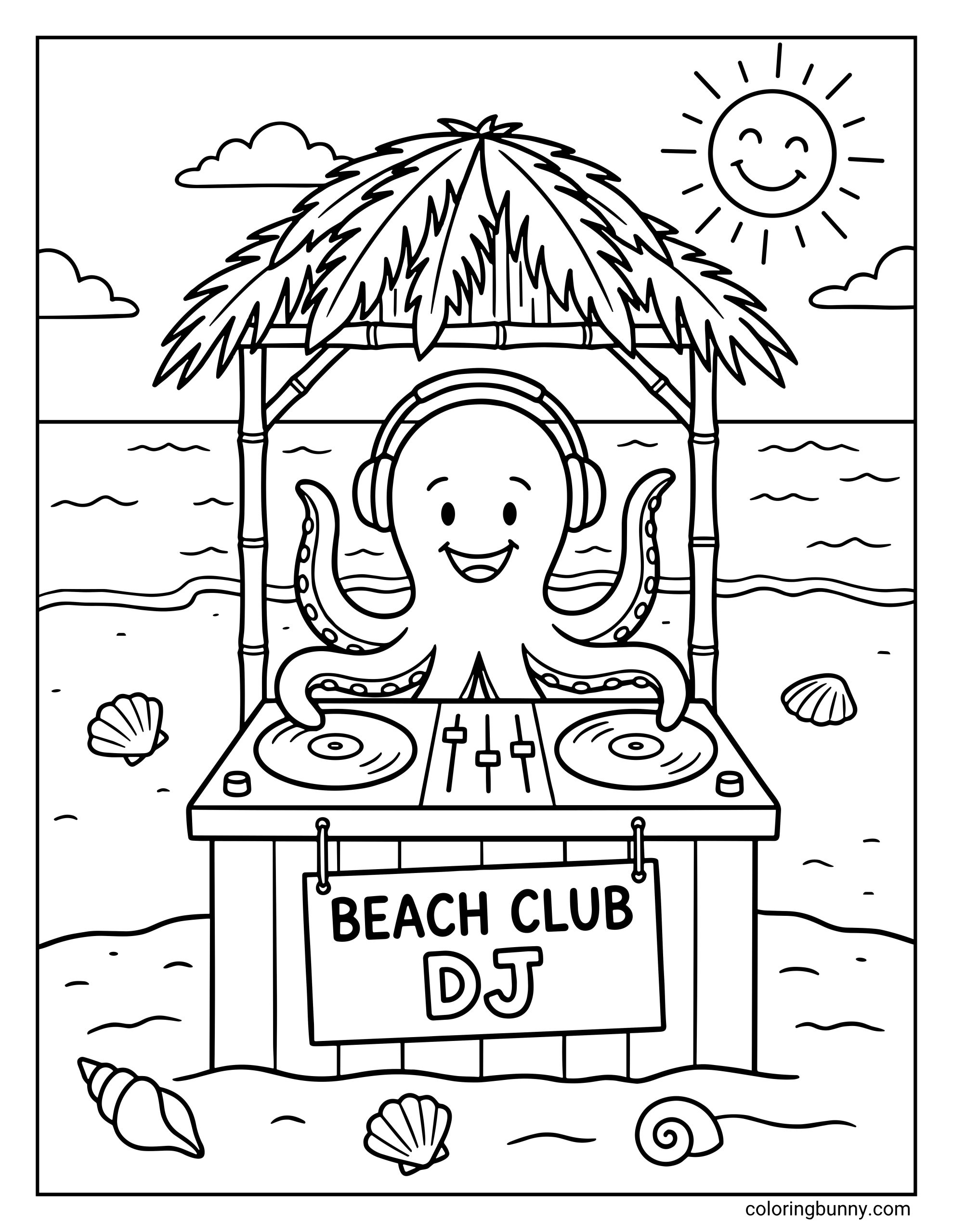 A summer coloring page featuring a cheerful octopus DJ wearing headphones and spinning records at a "Beach Club" tiki booth. The scene includes a smiling sun, ocean waves, and several seashells scattered across the sandy beach.