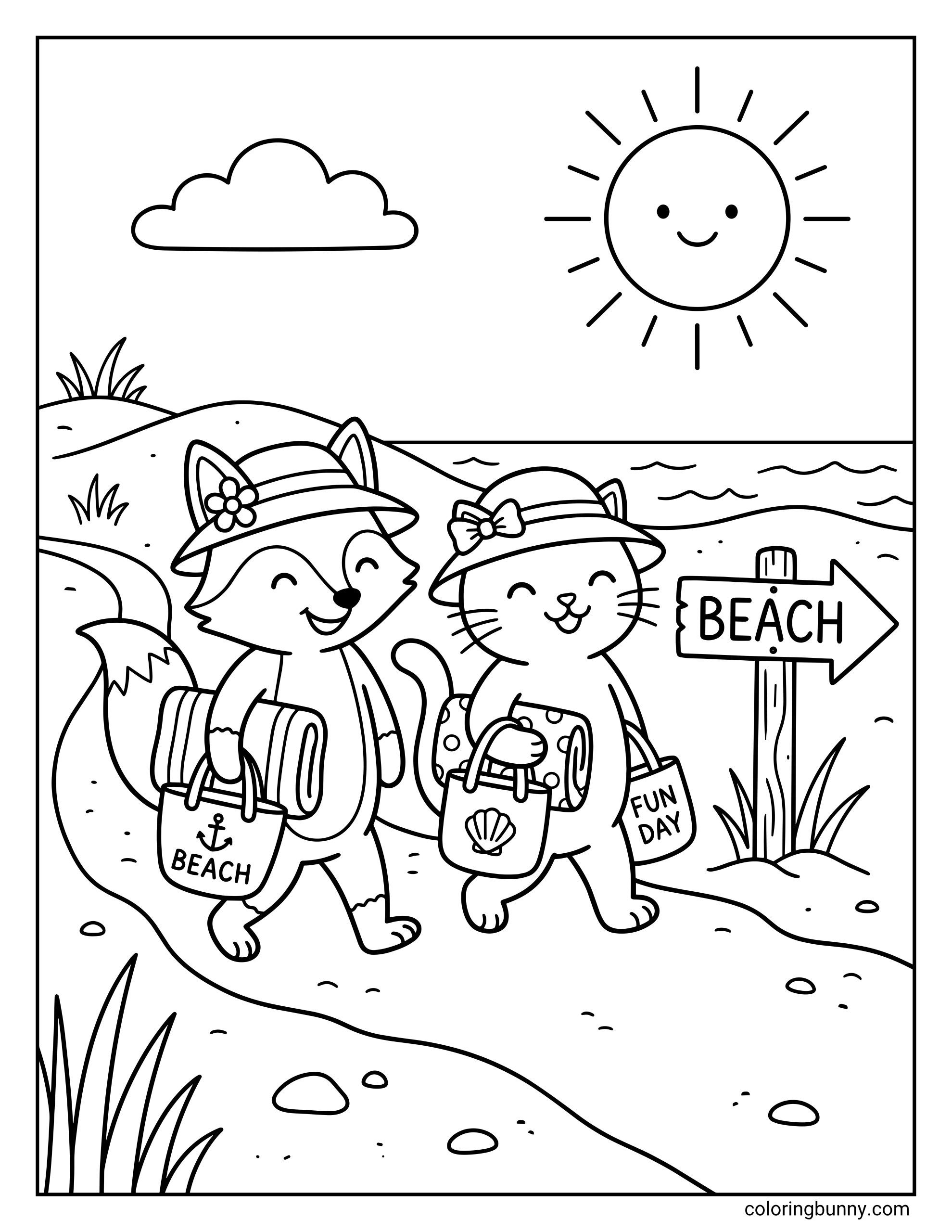 cute summer coloring page showing a fox and cat in sun hats heading to the beach with bags and towels, walking near a beach sign, shoreline, smiling sun, and fluffy cloud.