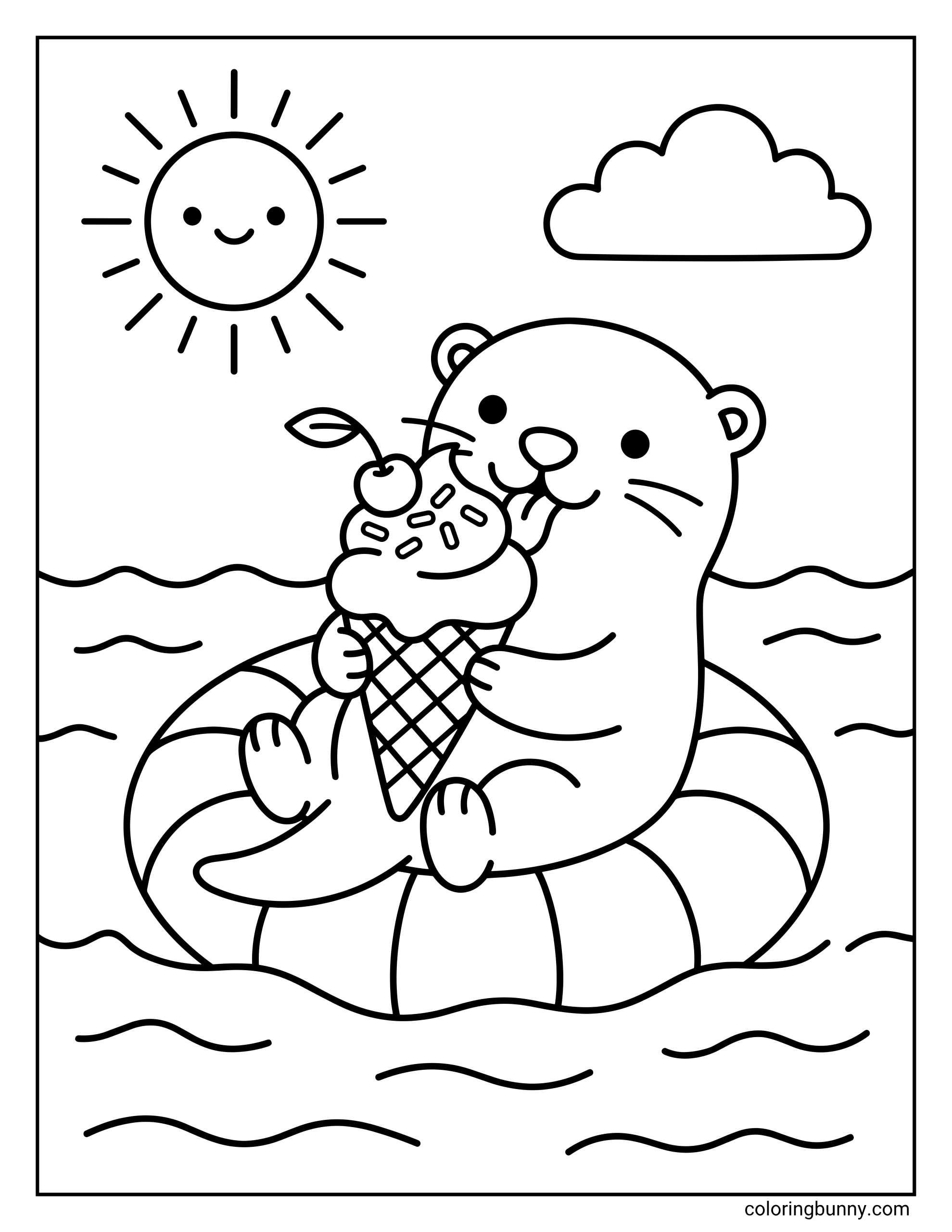 Easy summer coloring page with an otter sitting on a pool float in the water, holding an oversized ice cream cone, with a smiling sun, cloud, and gentle waves around it.