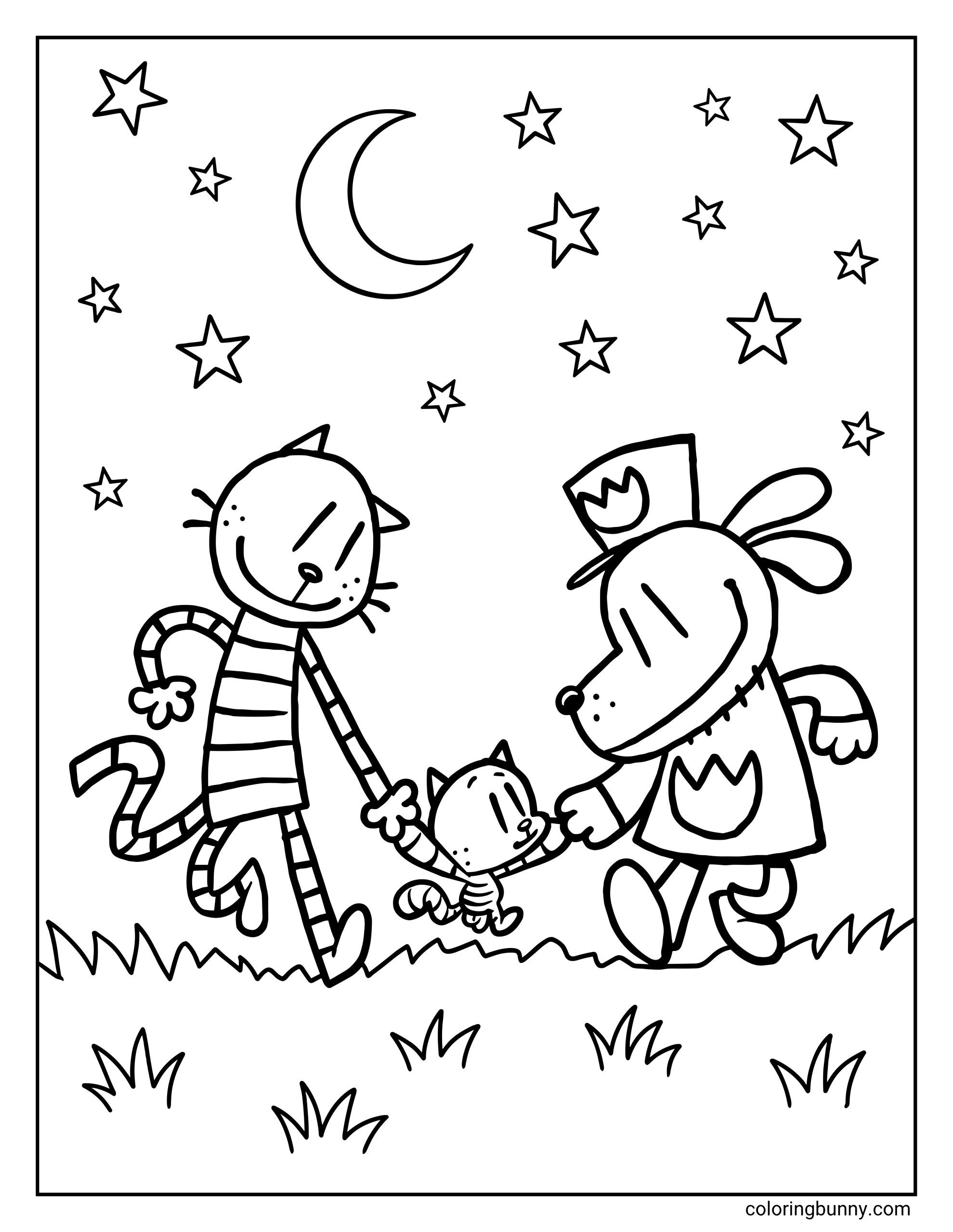 A simple Dog Man coloring sheet featuring Petey the Cat, Cat Kid, and Dog Man strolling side by side beneath a starry sky. The crescent moon, scattered stars, and grassy ground make the picture feel calm, fun