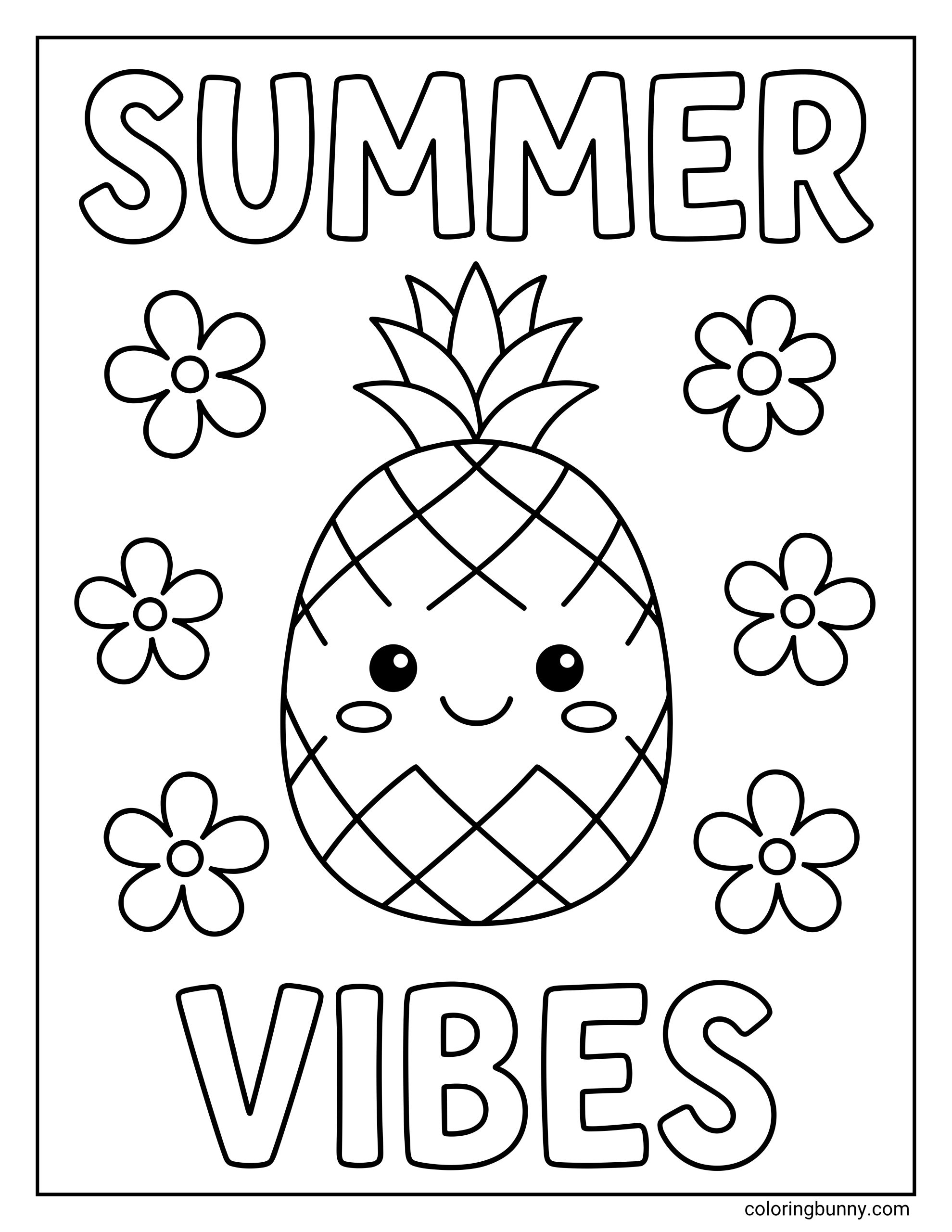 summer coloring page showing a happy cartoon pineapple with a sweet smile and spiky crown. It is surrounded by four decorative blooming flowers, with large bubble text reading 'SUMMER' above and 'VIBES' below.