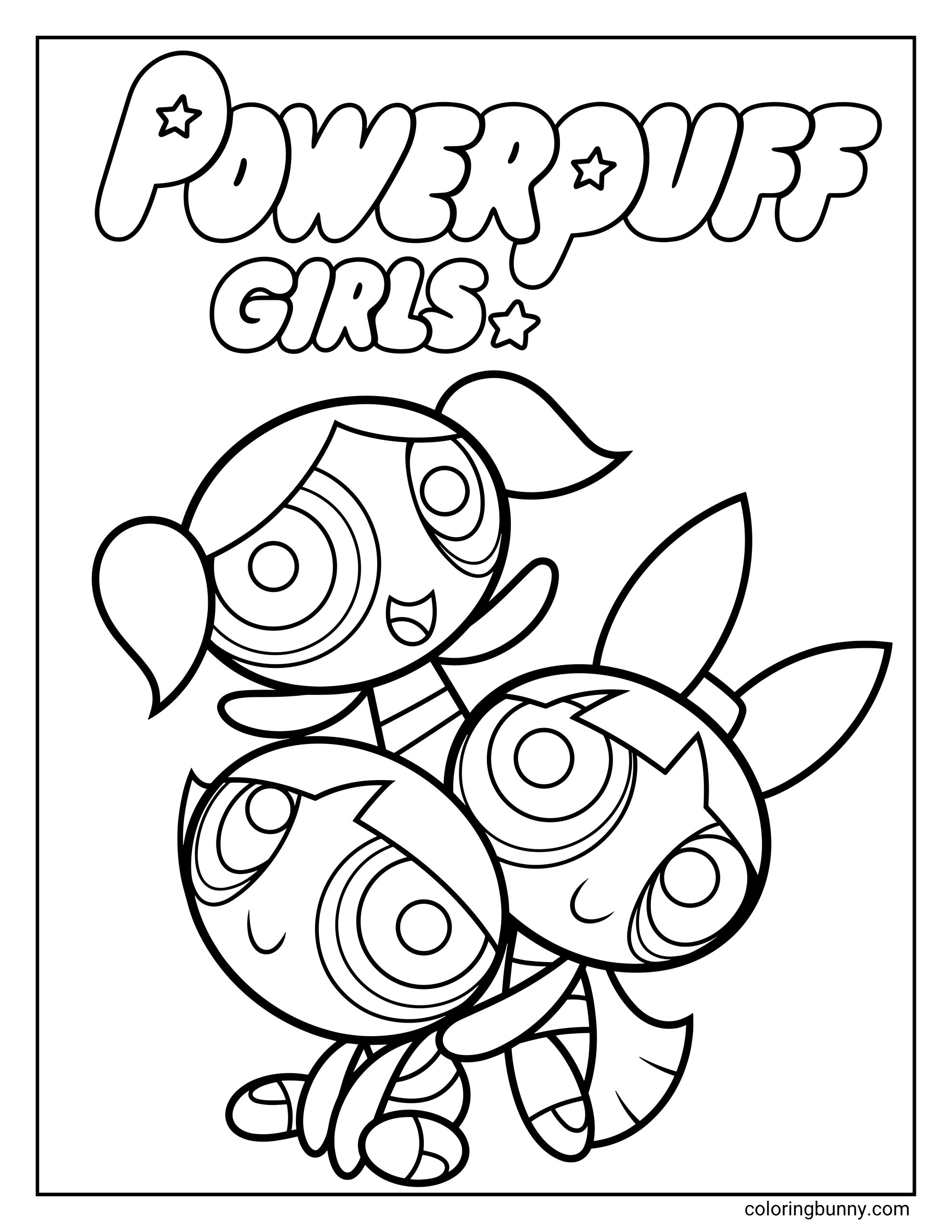 Powerpuff Girls coloring page showing the classic cartoon characters Bubbles, Blossom, and Buttercup from the Powerpuff Girls. The show's logo is displayed in large, fun bubble text at the very top.