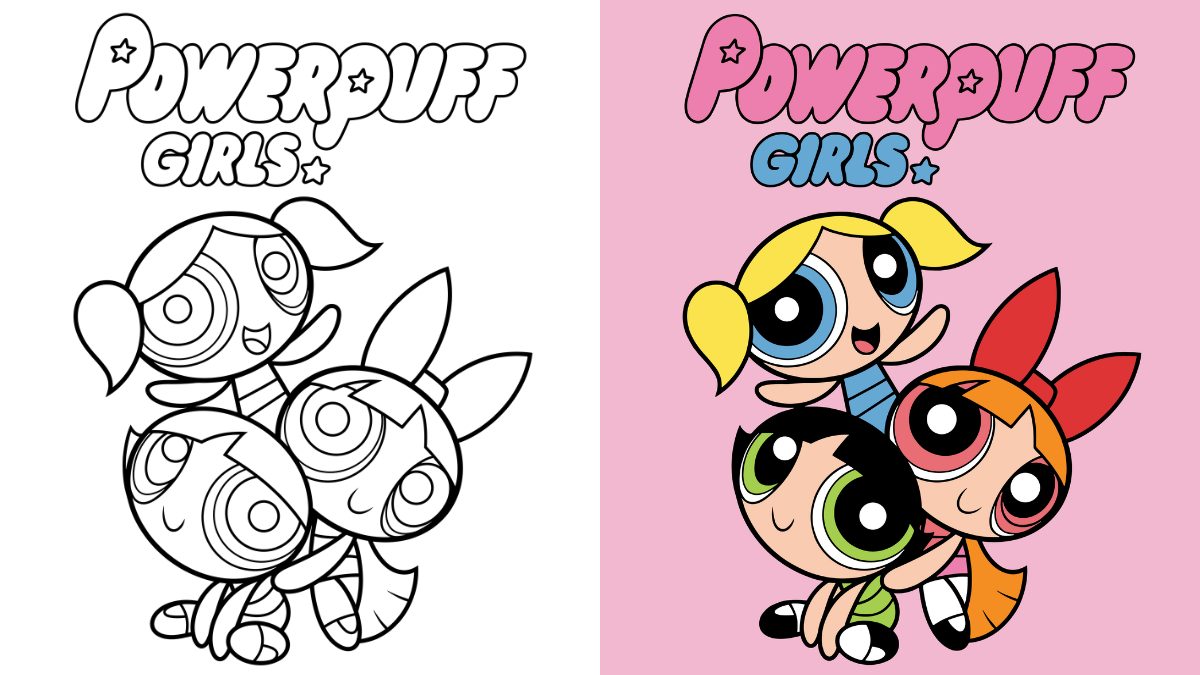 Powerpuff Girls Coloring Pages with Blossom (leader, pink), Bubbles (joyful, blue), and Buttercup (fighter, green)