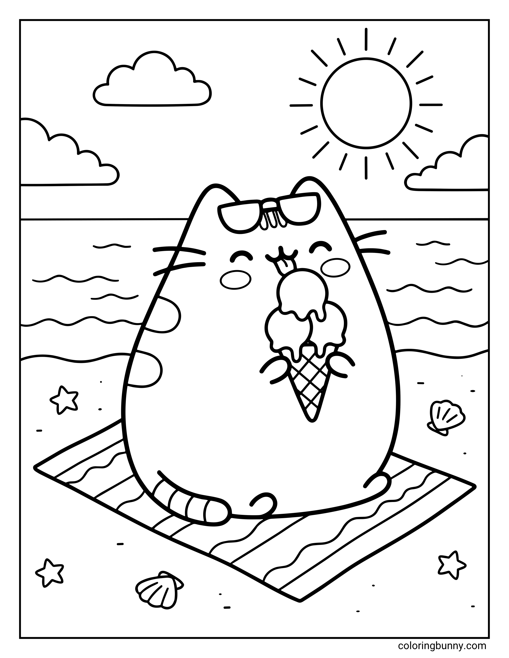 A Pusheen summer coloring page featuring the cartoon cat enjoying an ice cream treat at the beach.