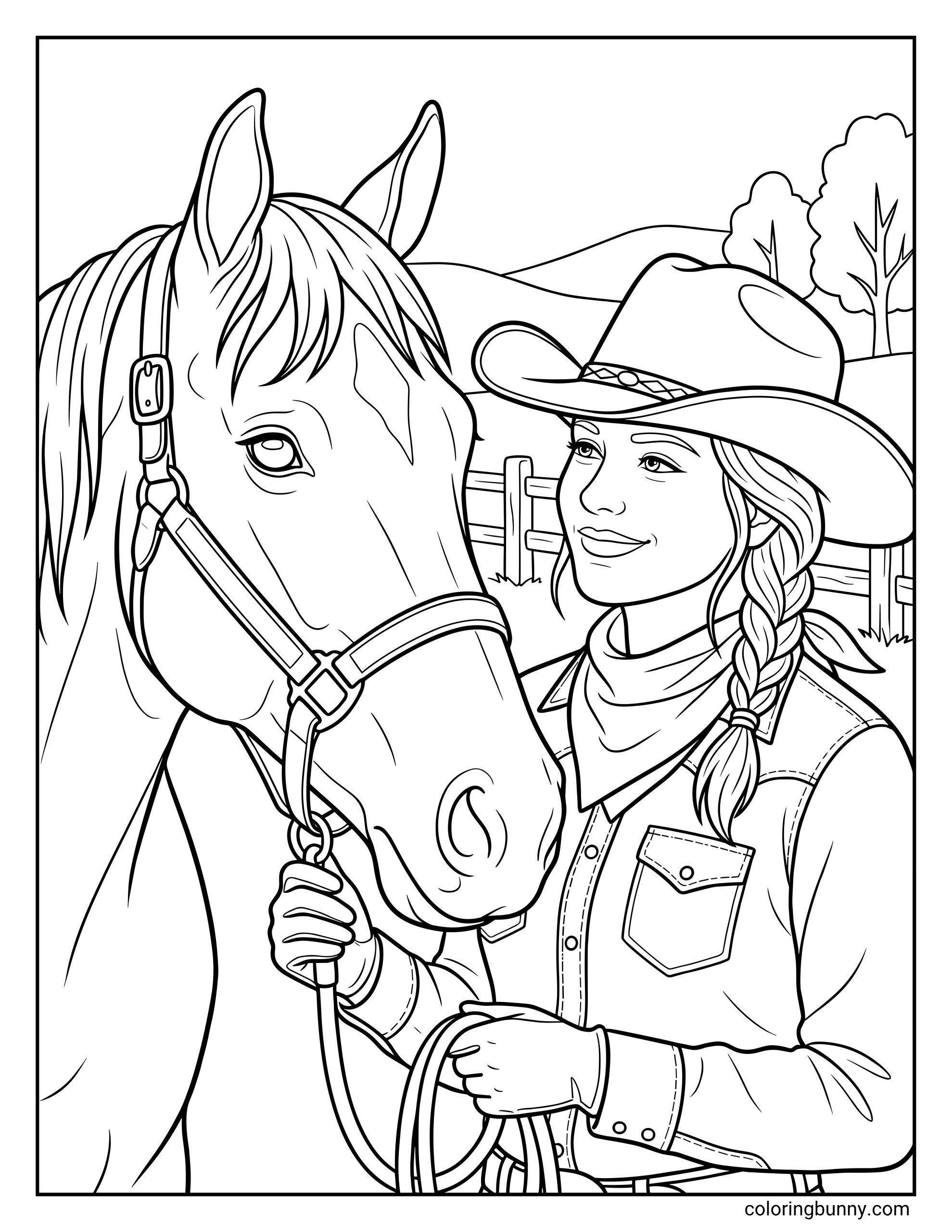 Horse coloring page of a realistic cowgirl smiling affectionately at her horse while loosely holding its lead rope beside a wooden fence.