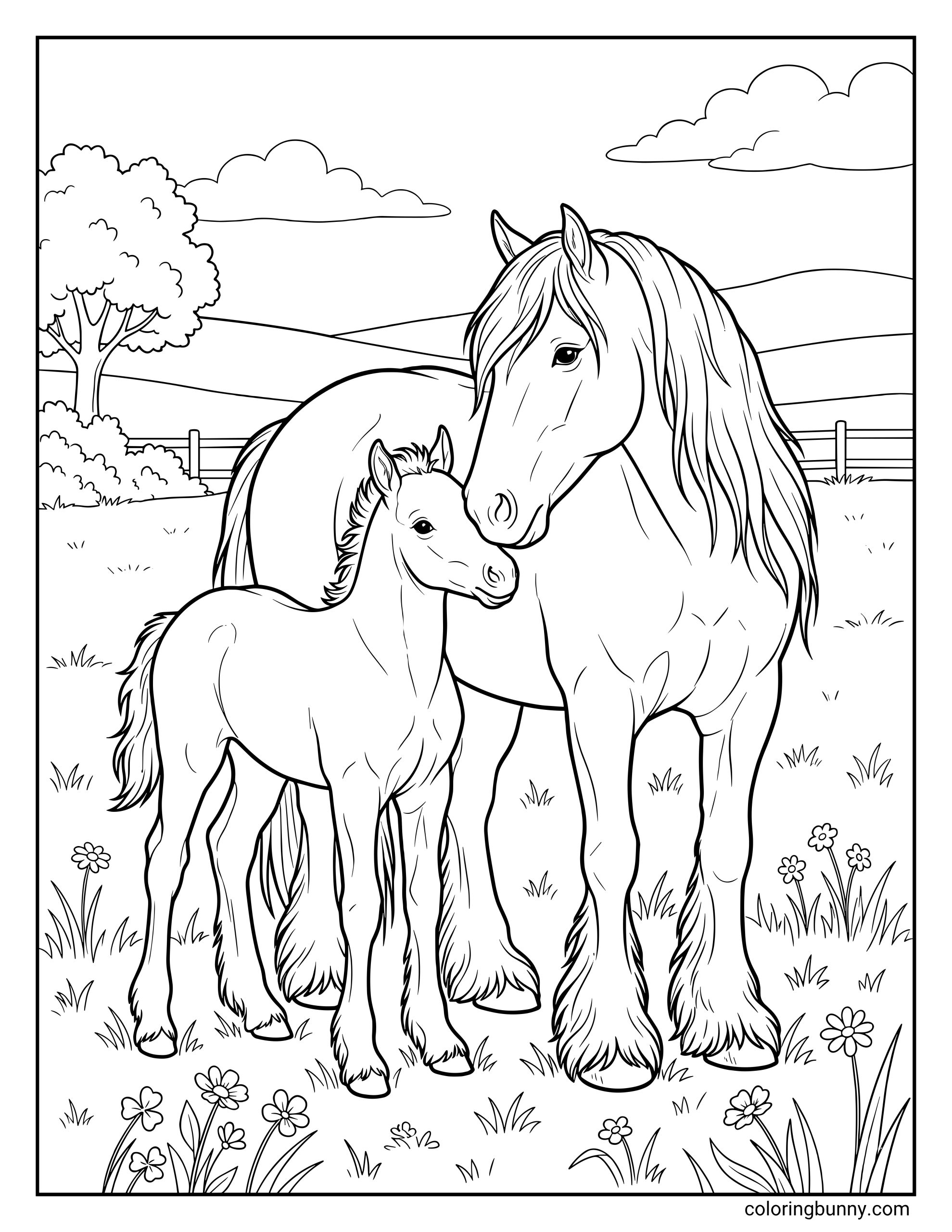 A coloring page of a realistic draft mare and foal sharing a calm moment in a field, with flowers in the foreground, a fence, hills, trees, and clouds behind them.