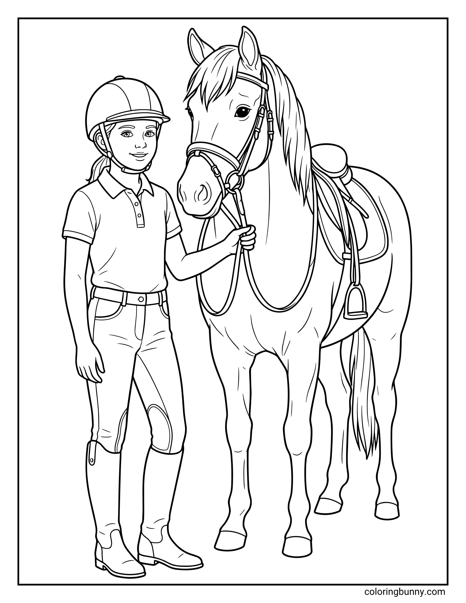 Realistic horse coloring page showing a full-body view of a young equestrian girl confidently holding her tacked-up horse's reins.