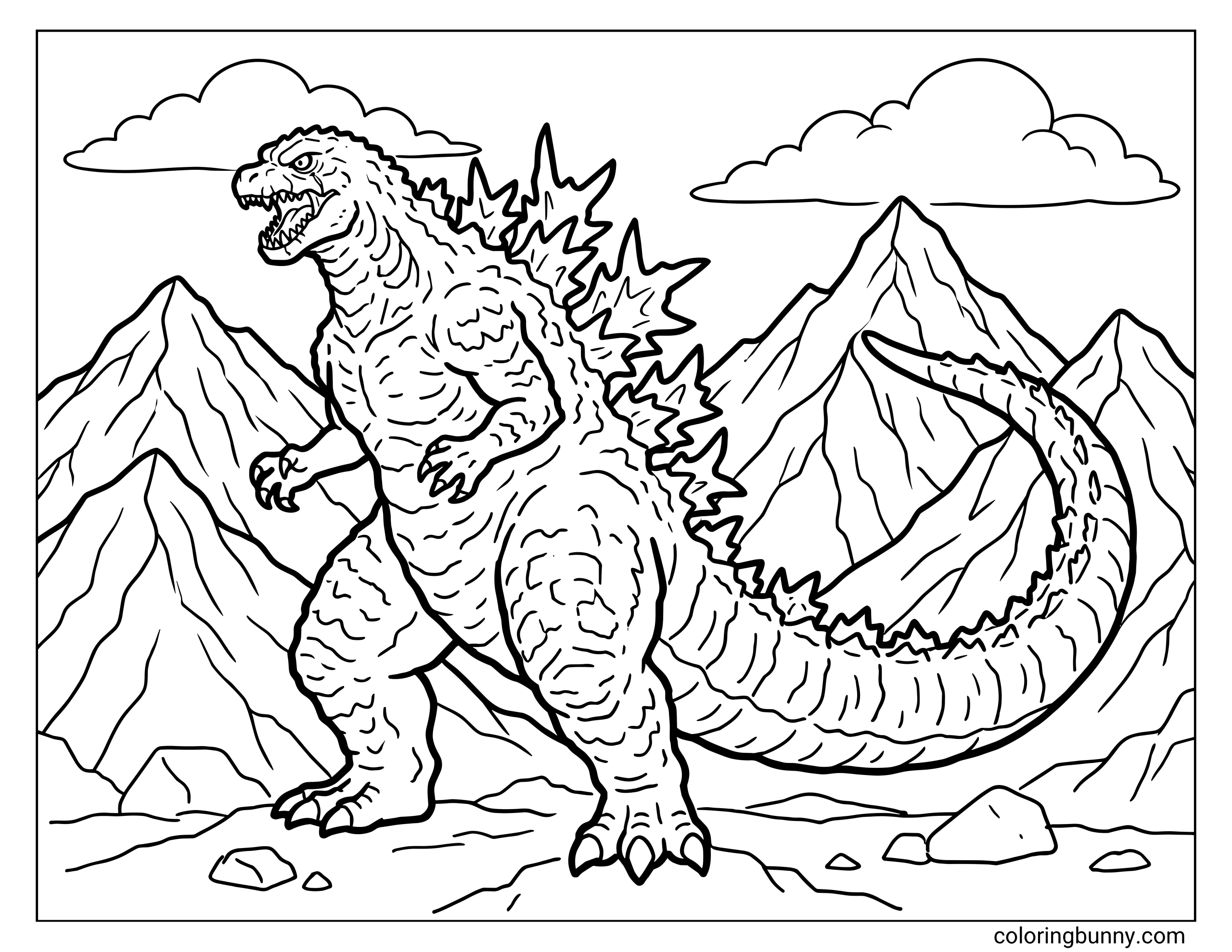 A realistic Godzilla coloring page featuring the monster standing majestically amidst a range of jagged mountain peaks. This detailed page shows off his textured scales and sharp dorsal fins under a cloudy sky.