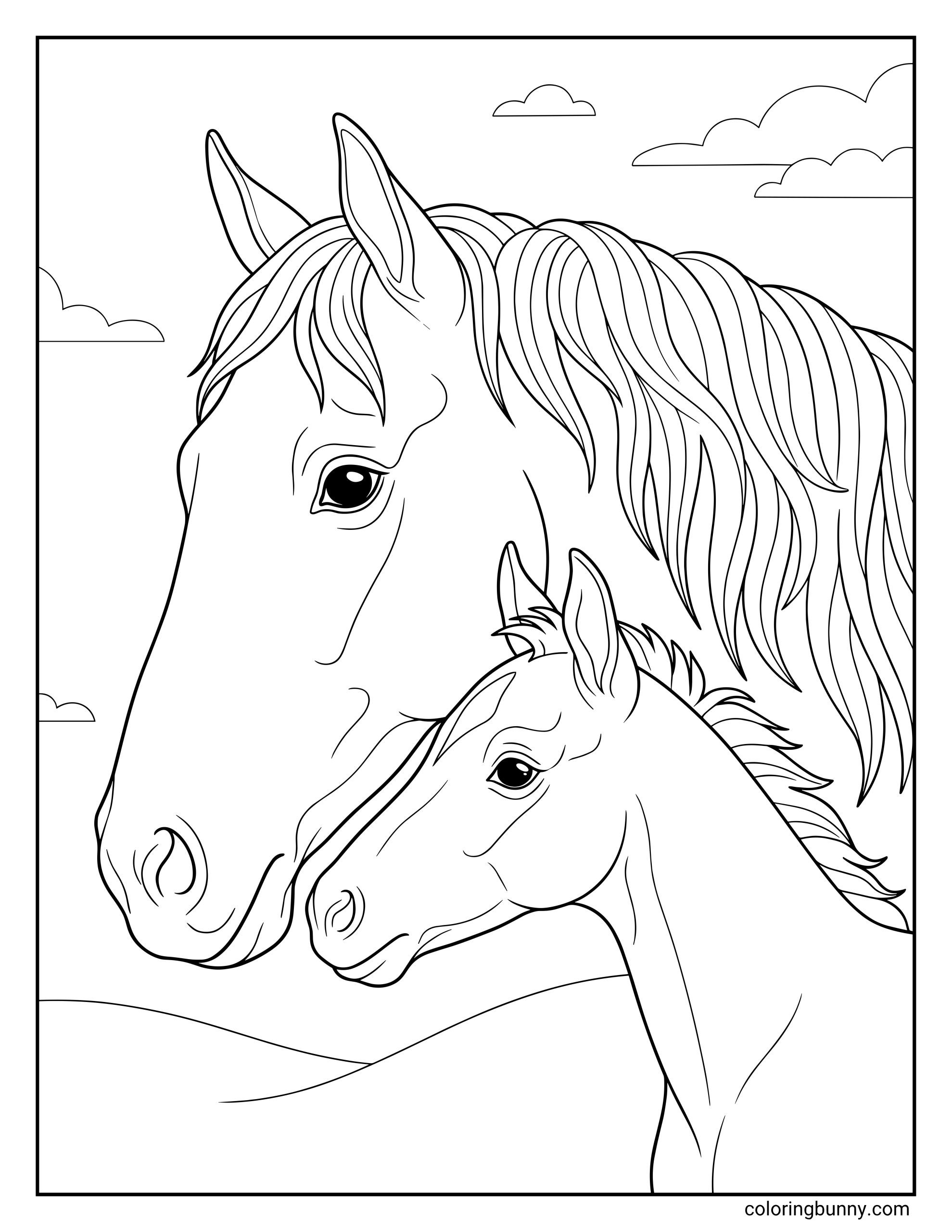 Realistic horse coloring page of a mare and her foal standing closely together in a pasture, with fluffy clouds in the sky above them.