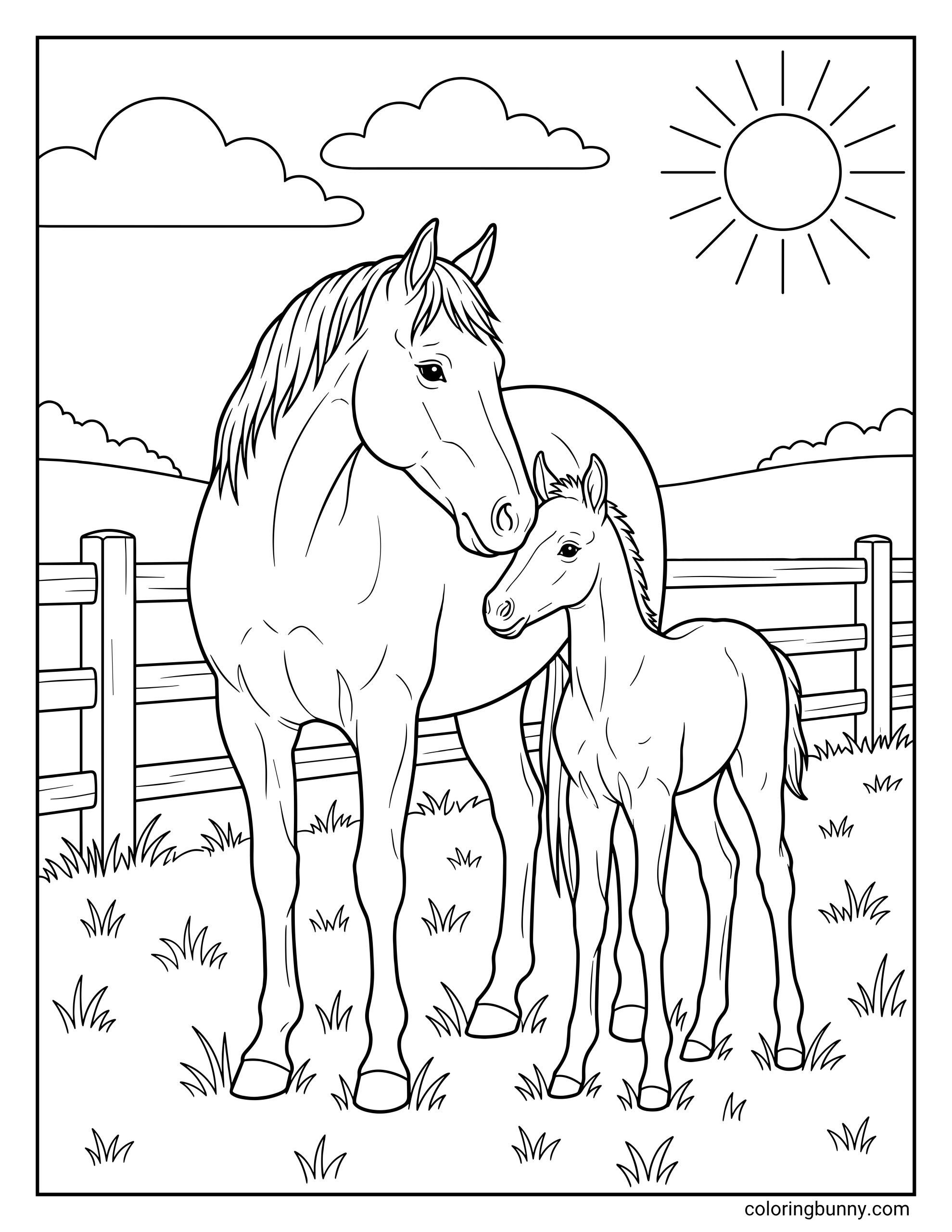 Realistic mare and foal coloring page depicting the two horses standing side-by-side in a grassy meadow on a beautiful sunny day.