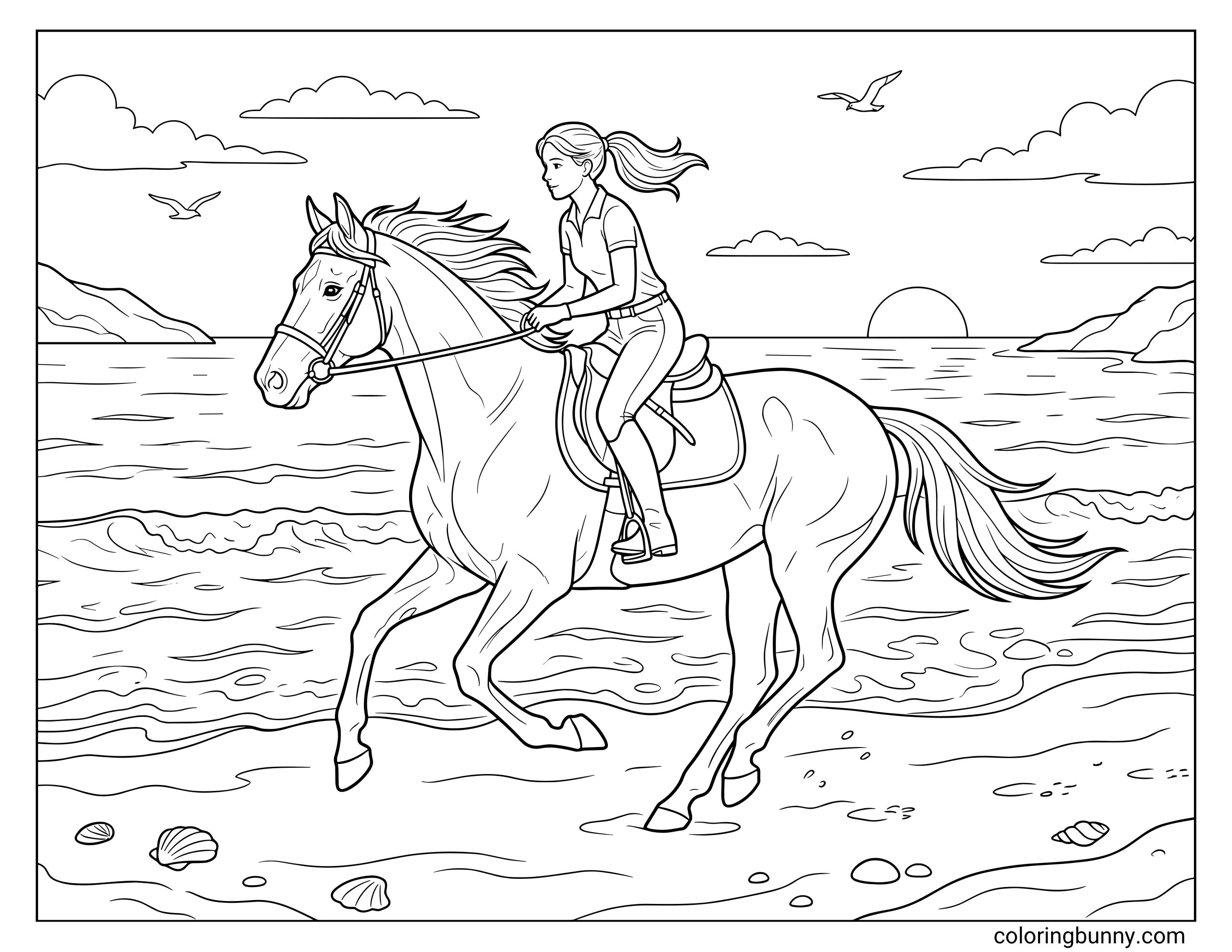 Realistic horse coloring page illustrating a young woman riding her tacked-up horse on a beach, surrounded by gentle waves, clouds, and a bright sun.