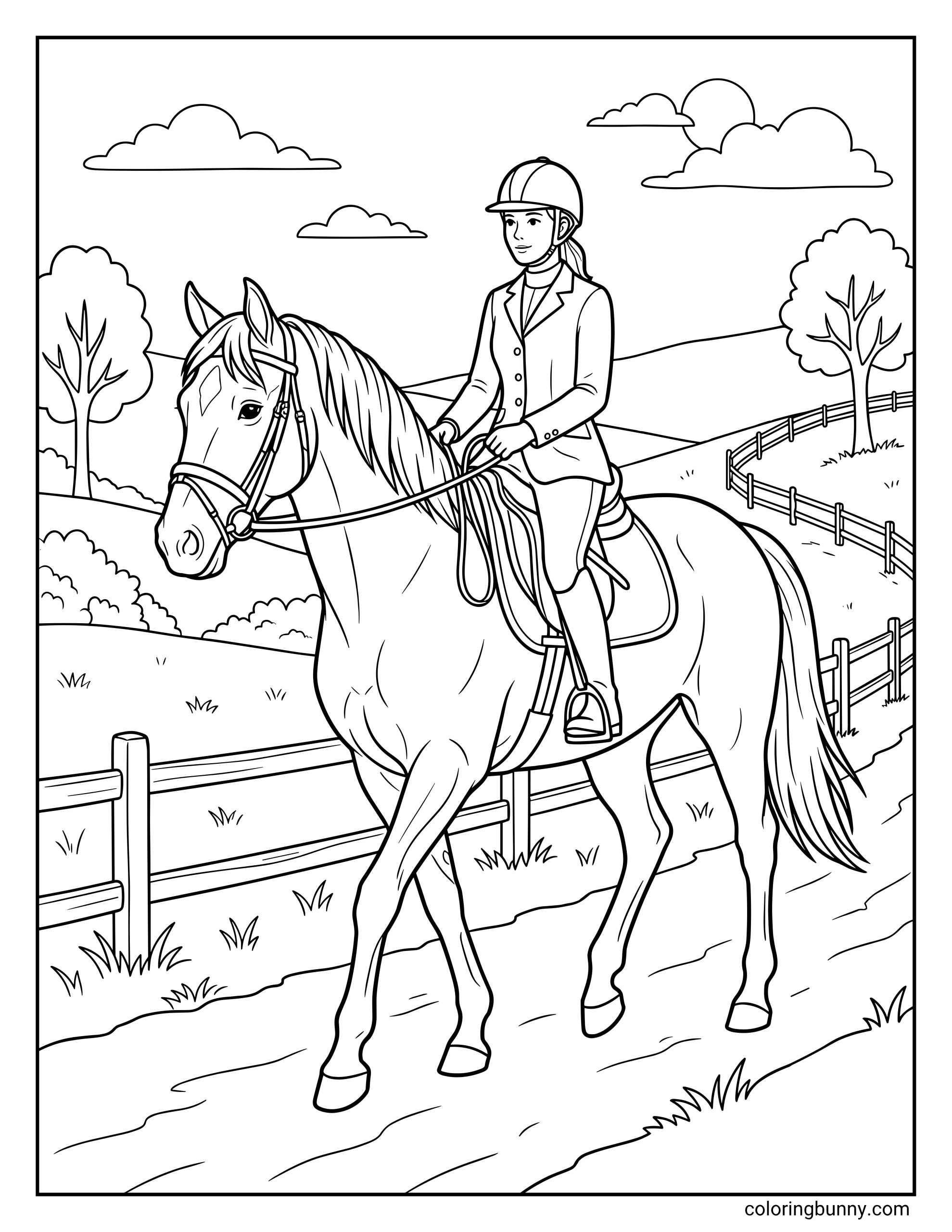 Realistic horse and rider coloring page featuring a woman in a show coat riding her horse on a fenced trail with rolling hills and trees in the background.