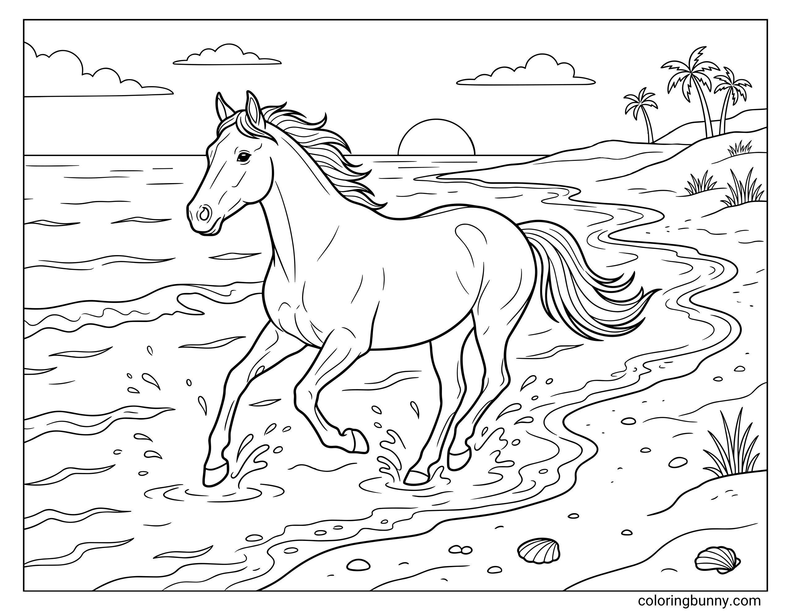 Horse coloring page showing a realistic horse galloping along the beach, with water splashes, curved shoreline, and a calm ocean scene under a setting sun.