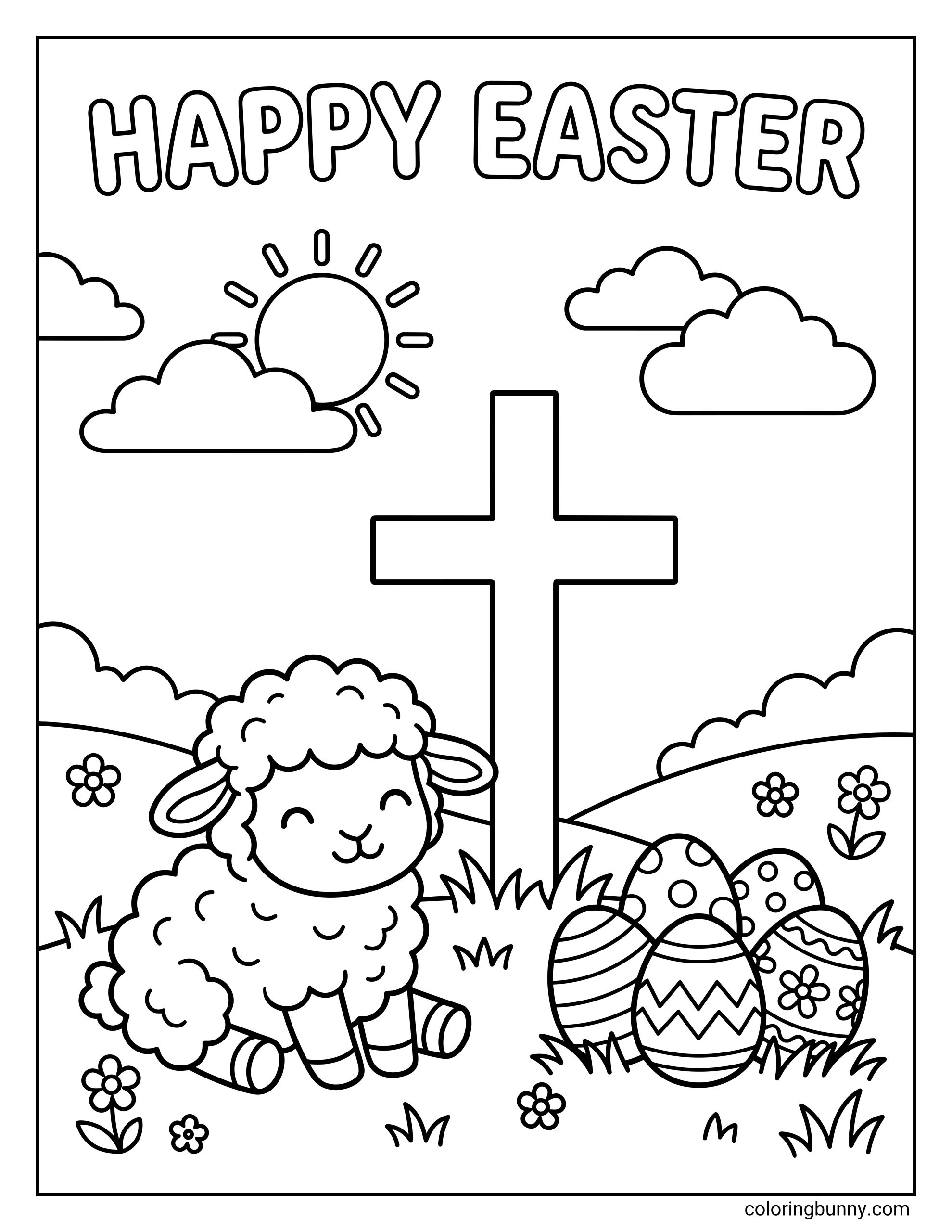 Cute Lamb Easter coloring sheet showing a fluffy lamb resting near a tall cross with patterned Easter eggs placed in the grass nearby. Rolling hills, flowers, and soft clouds create a peaceful outdoor setting for a faith-filled Easter scene.