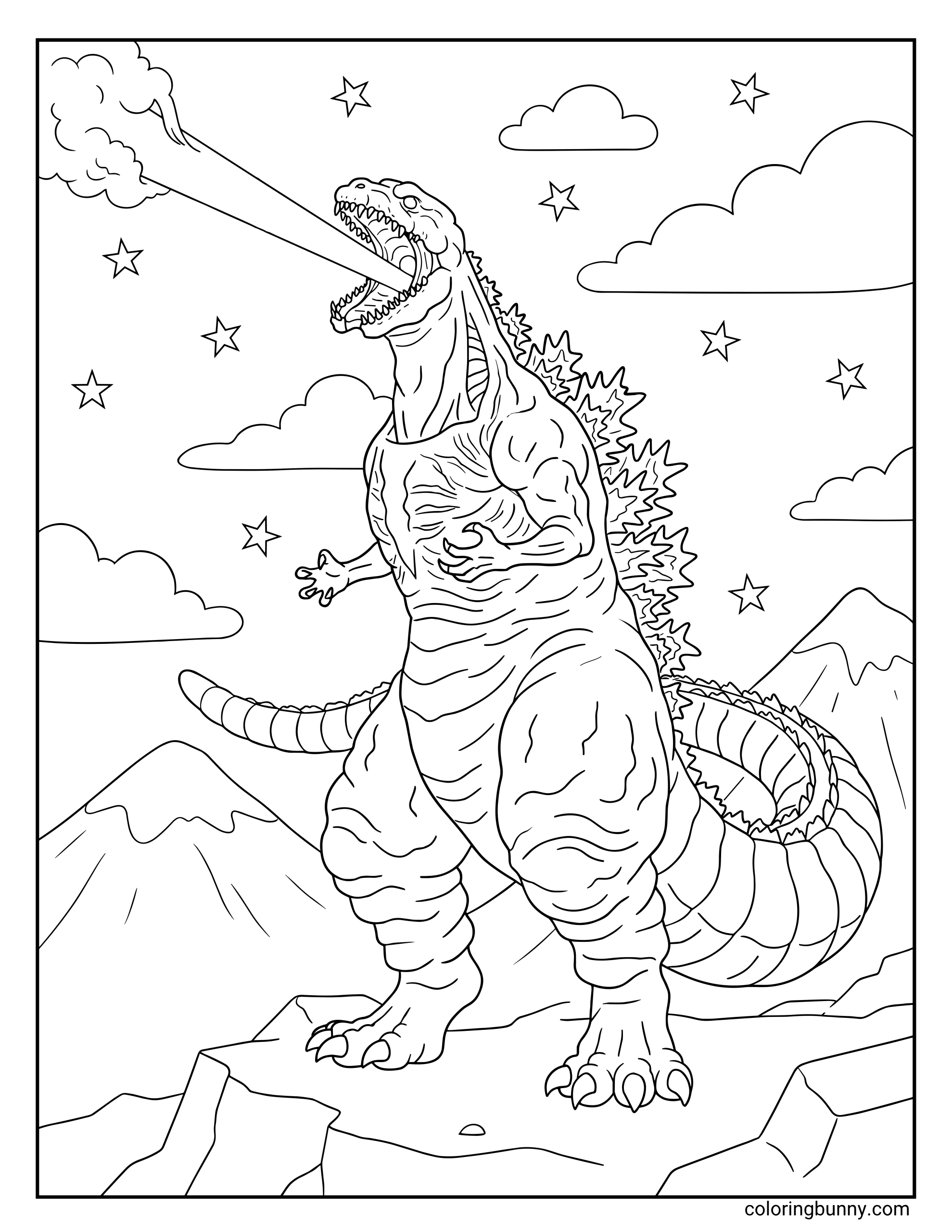 A coloring page featuring the Shin Godzilla evolution with a long, segmented tail and textured skin. This simple design shows him firing a thin, concentrated energy beam into the sky.