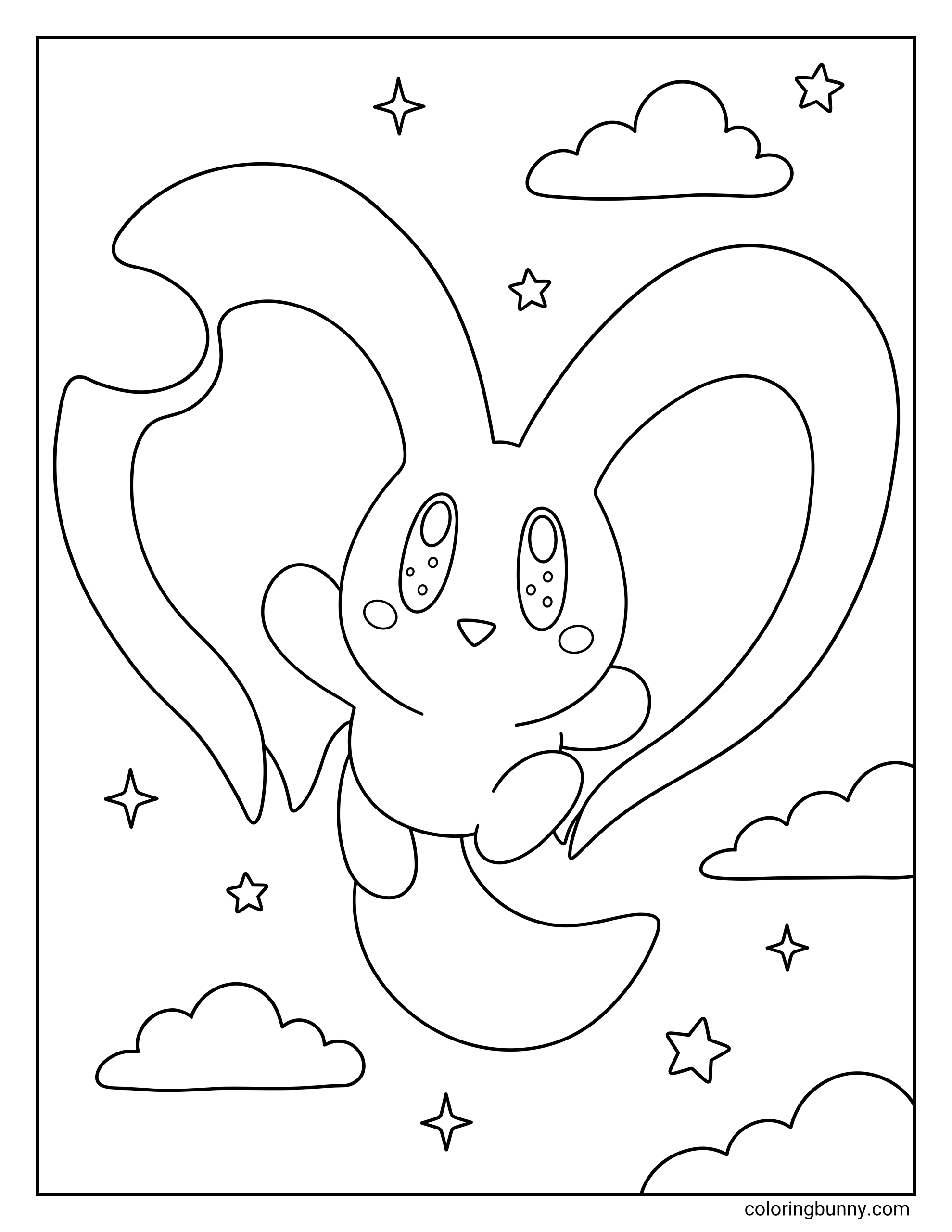 Coloring page of Elfilin from Kirby floating in the sky with huge ears spread wide around the body. Stars and fluffy clouds surround the cute character, and the sparkling eyes make the scene feel magical.