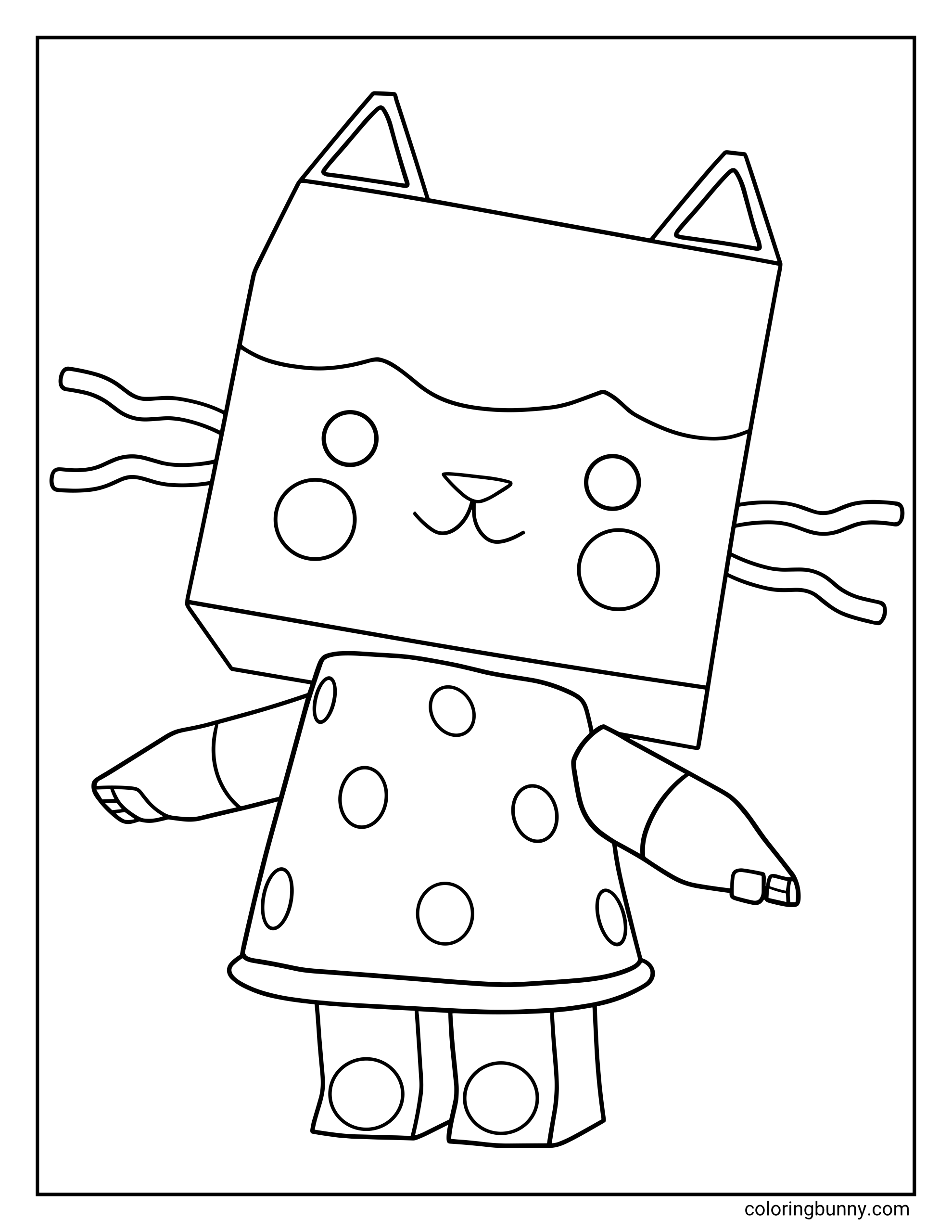A coloring page of Baby Box from Gabby's Dollhouse showcasing her unique boxy design, complete with triangular ears, a wavy hairline, and blocky legs